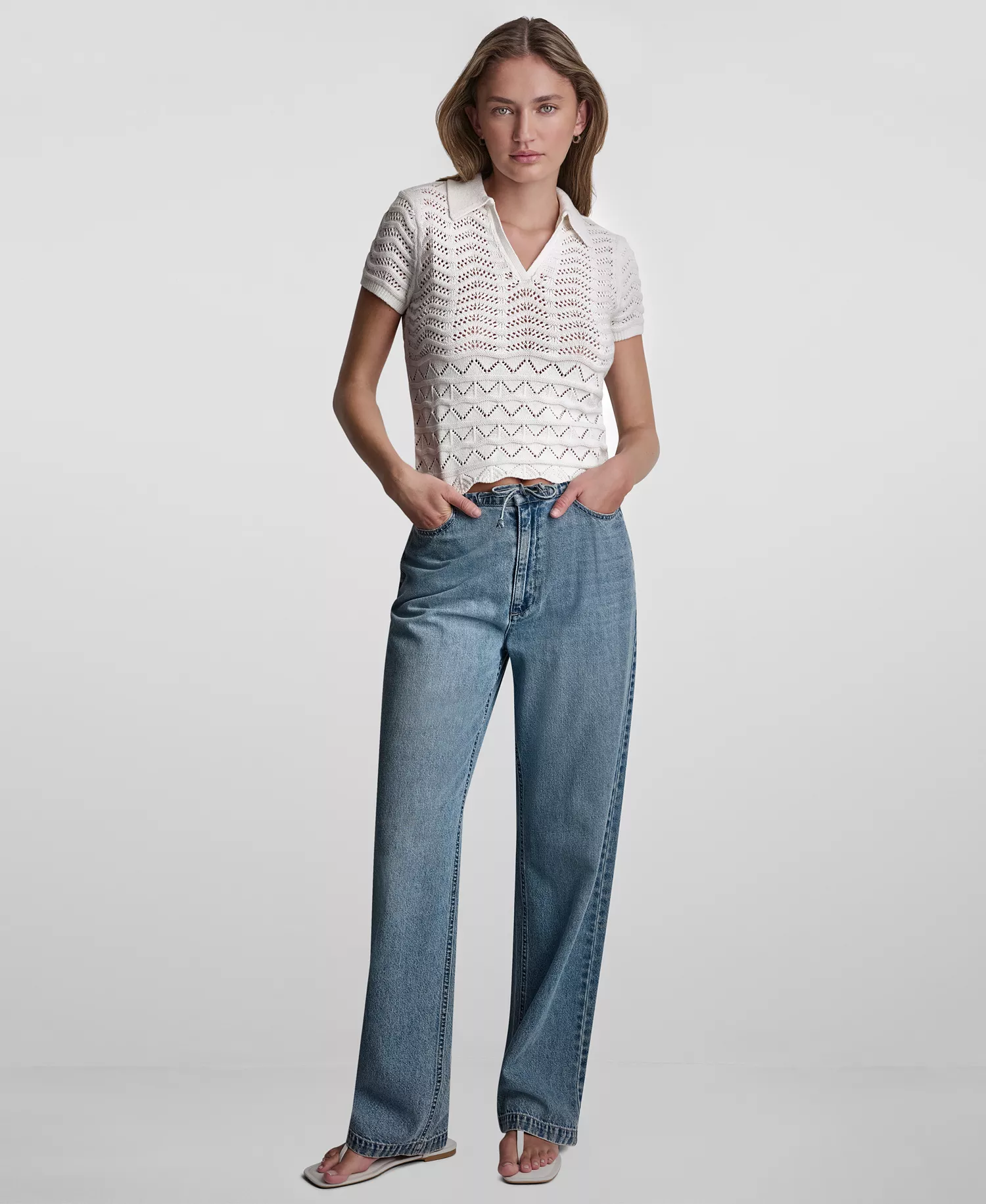 Petite Short-Sleeve V-Neck Polo Pointelle Sweater - Ivory - PL