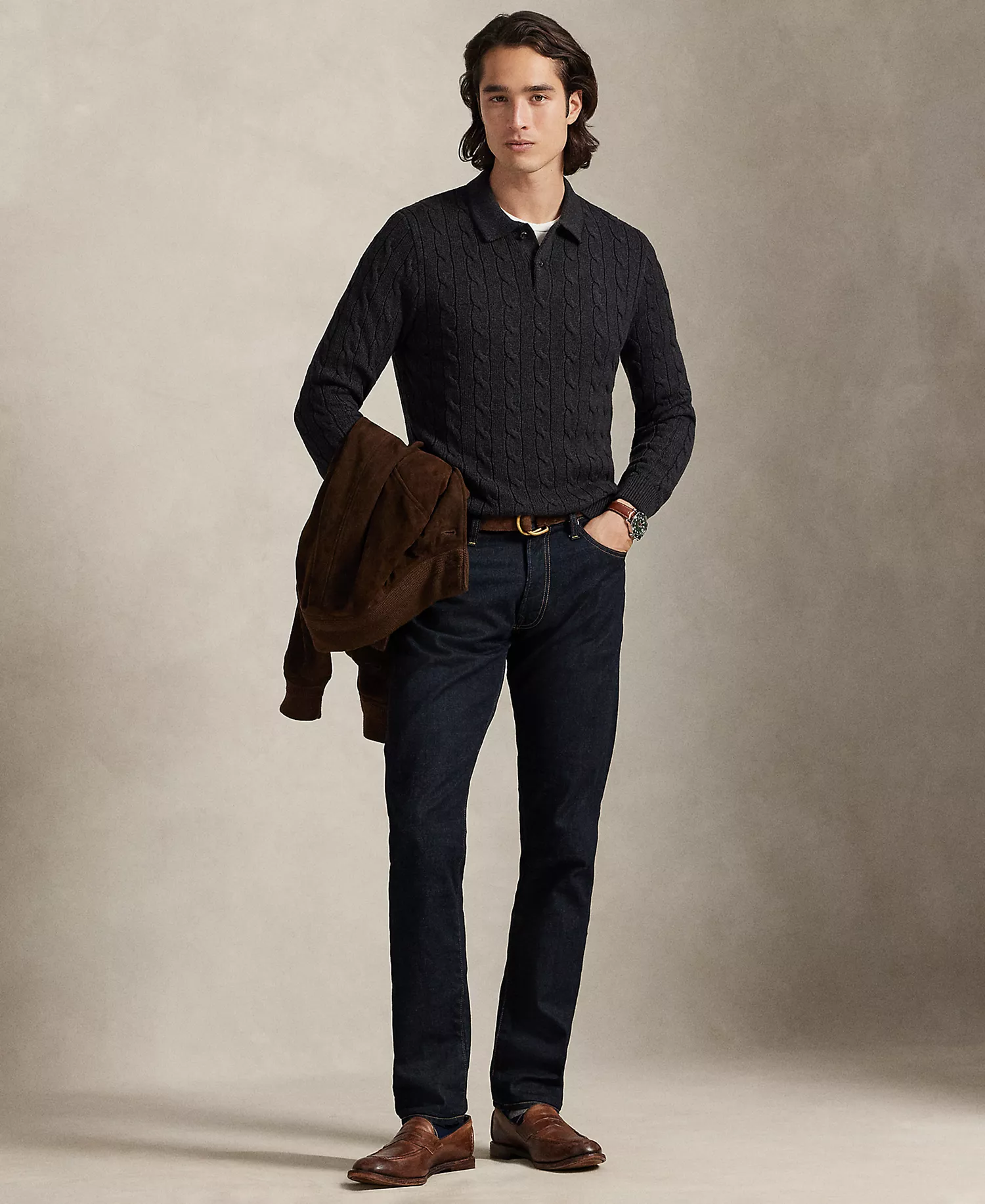 Men's Cable-Knit Cotton Polo Collar Sweater - Dark Granite Heather - 2XL