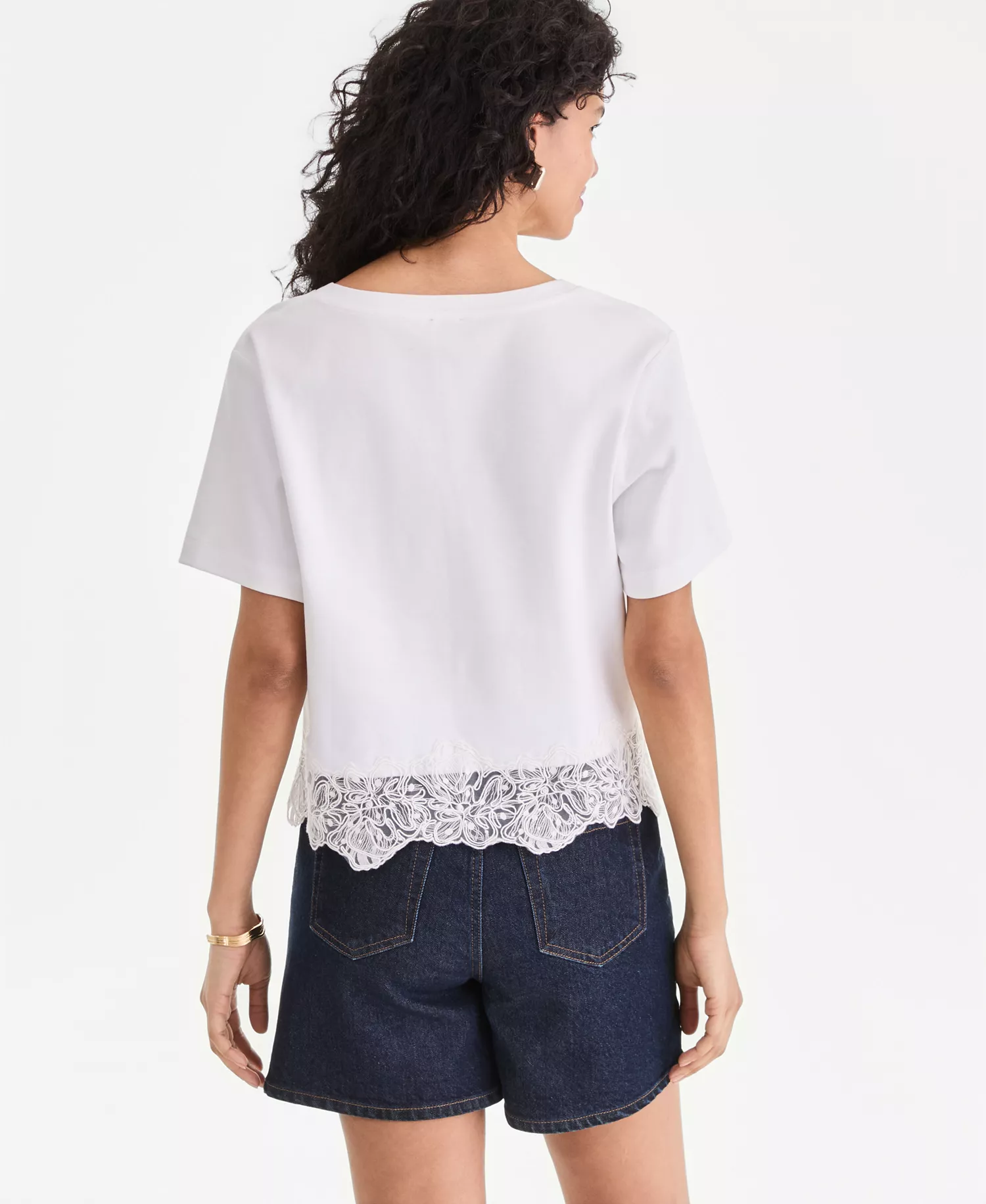 Women's Lace-Trim Short Sleeve T-Shirt, Macy's Exclusive - Bright White - L