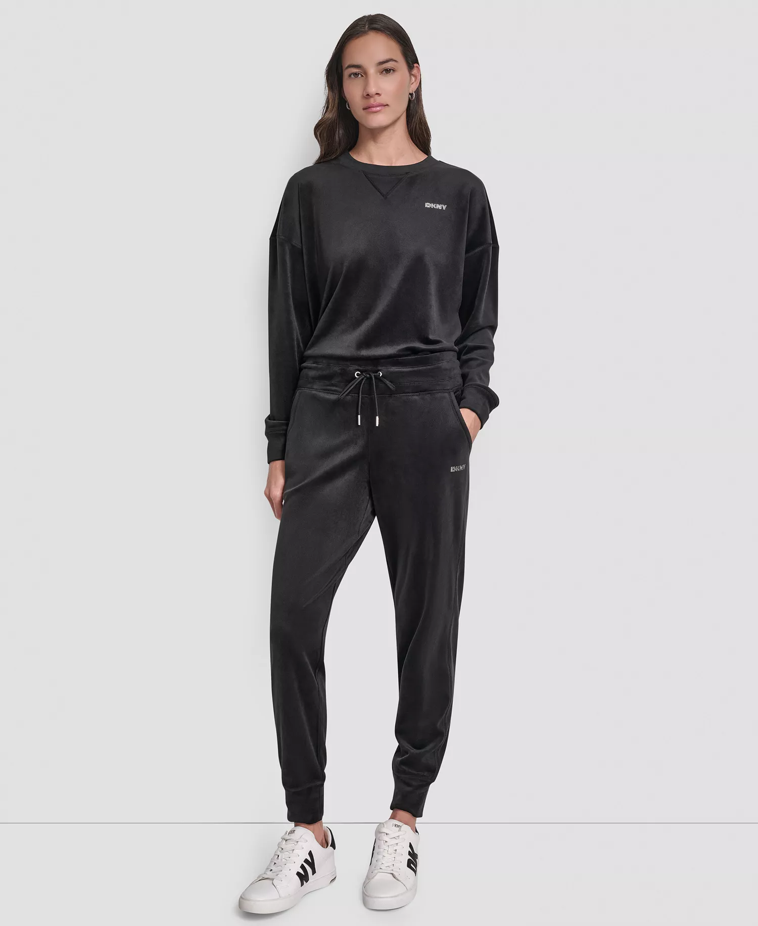 Women's Platinum Velour Rhinestone Logo Slim Fit Joggers - Black - L