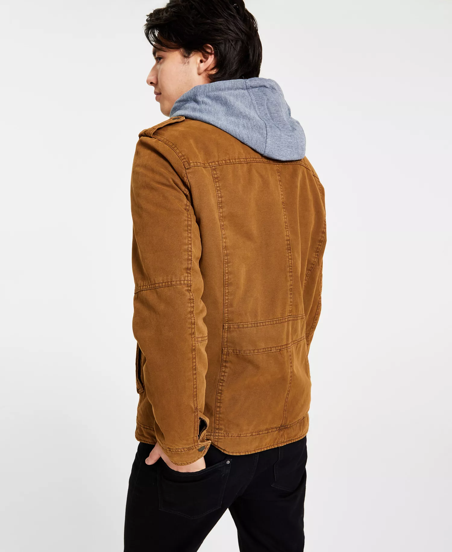 Men’s Sherpa Lined Two Pocket Hooded Trucker Jacket - Black - 2XL