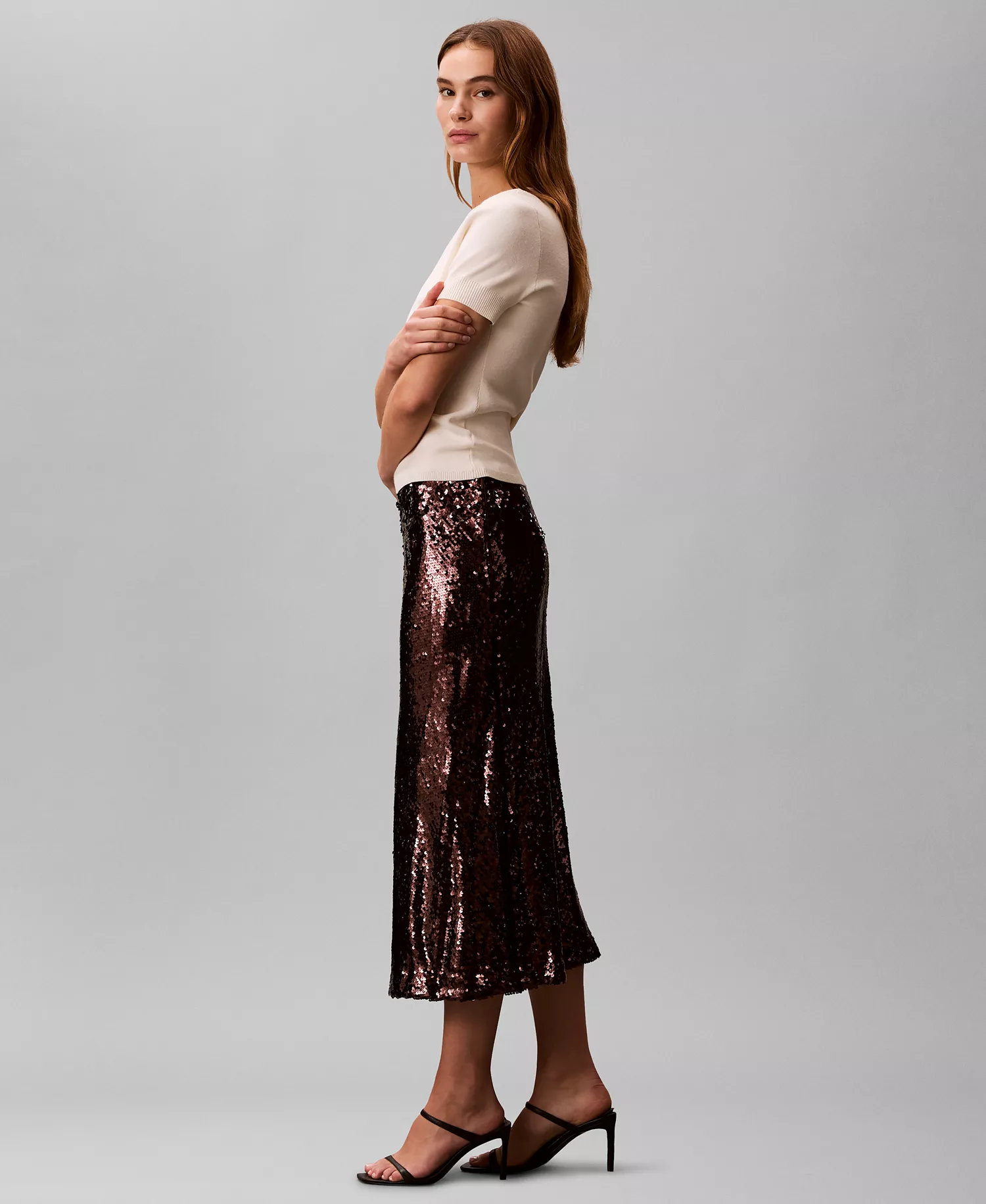 Women's Sequined Midi Skirt - Mocha Brown - 10