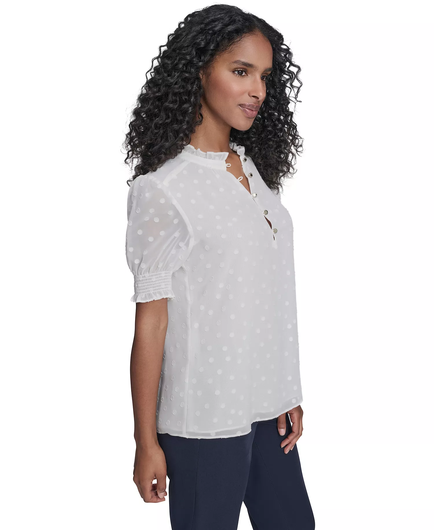 Women's Clip Dot Ruffle Popover Top - Ivory - L