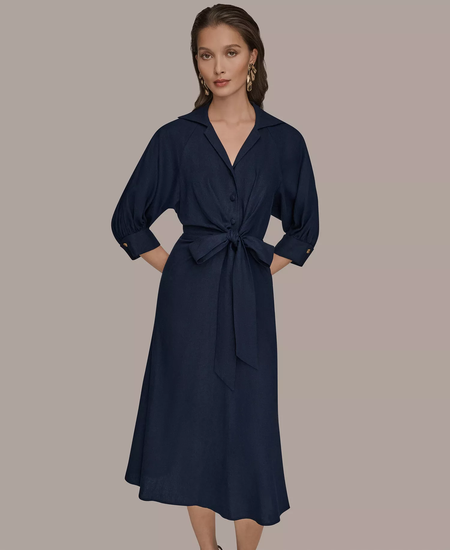 Women's Collared 3/4-Sleeve Midi Dress - Nightfall - 10