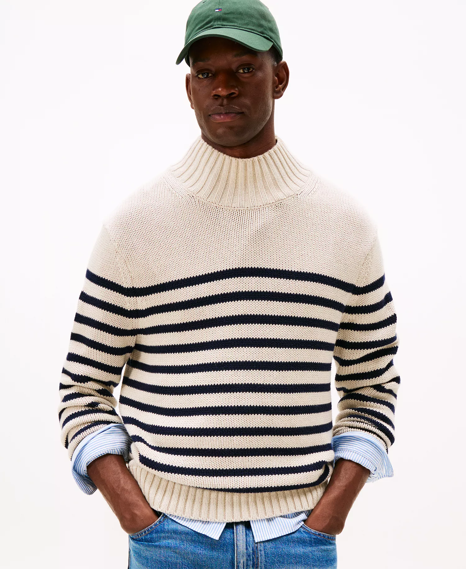 Men's Breton Stripe Mockneck Sweater - Oatmilk Heather/Desert Sky - L