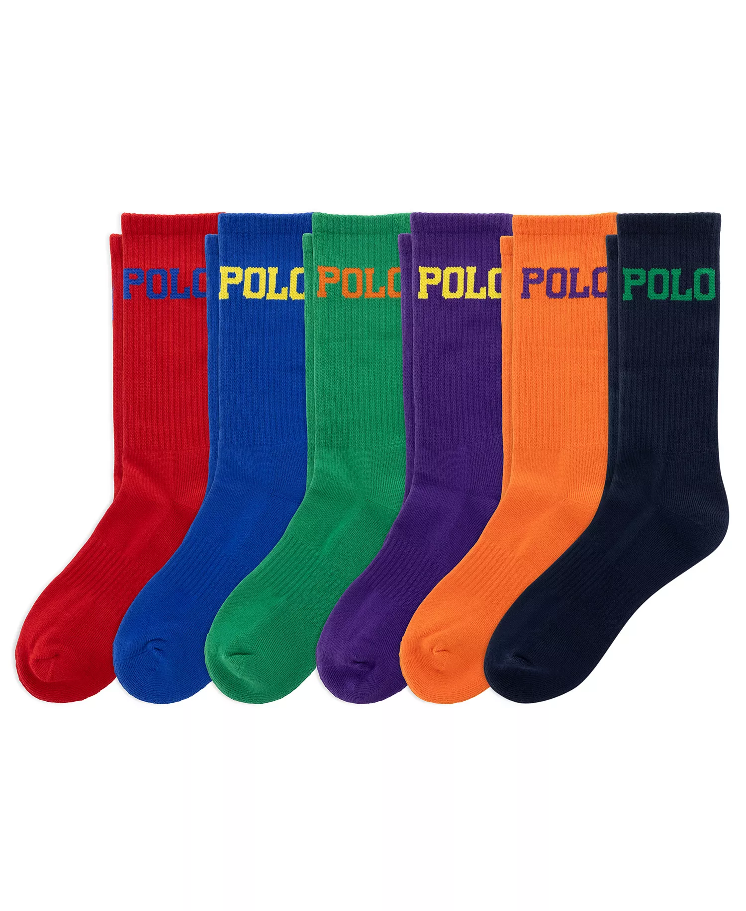 Men's Color Logo Crew Socks, 6-Pack - Red/Blue/Green/Navy/Orange/Purple - 10-13