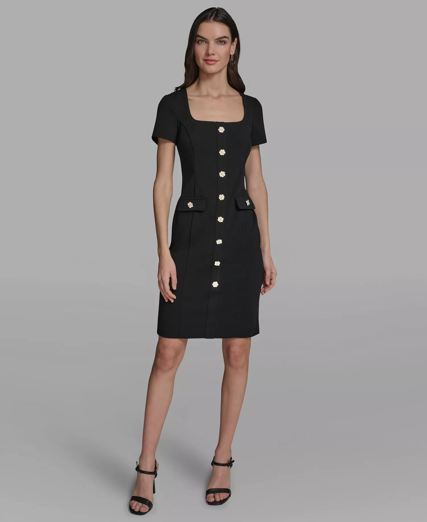 Women's Flower Button Sheath Dress - Black - 0