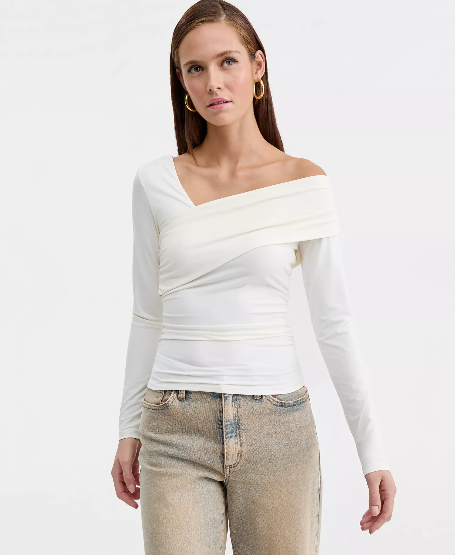 Women's Asymmetric Long-Sleeve Top, Macy's Exclusive - Crema - L