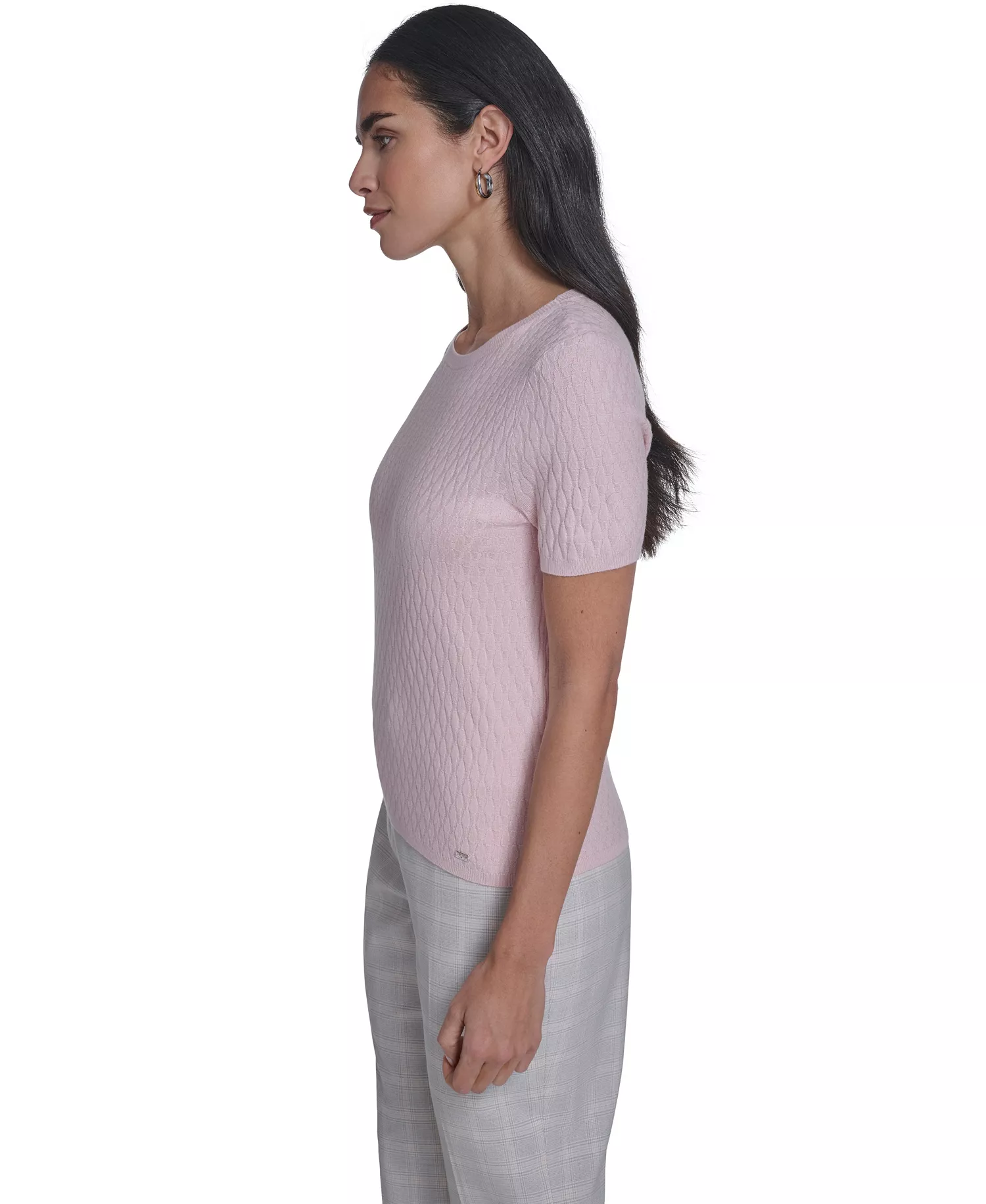Petite Textured Short-Sleeve Sweater - Latte/Petal Pink - P/L