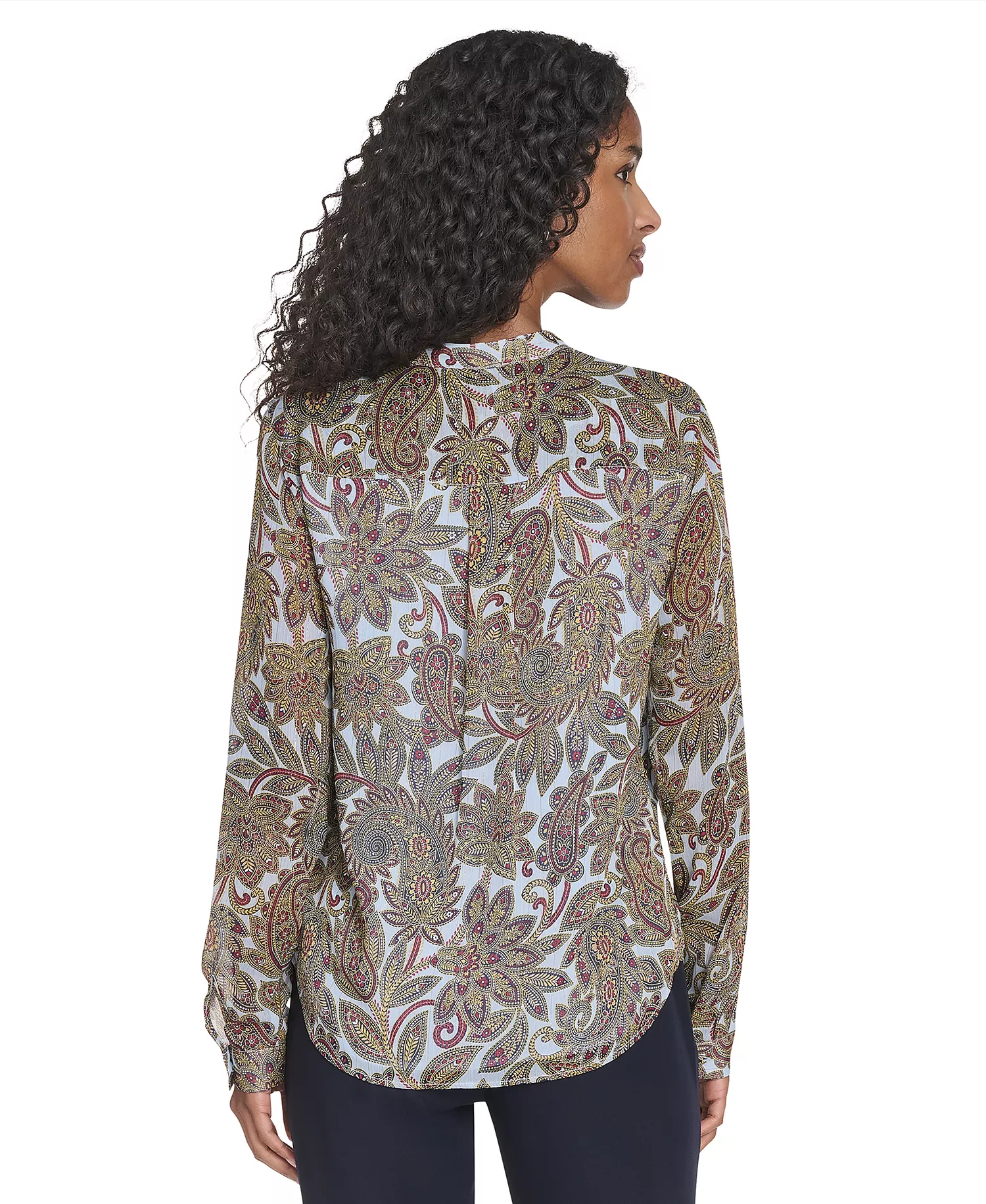 Women's Paisley Ruffle Long Sleeve Blouse - Sky Multi - S