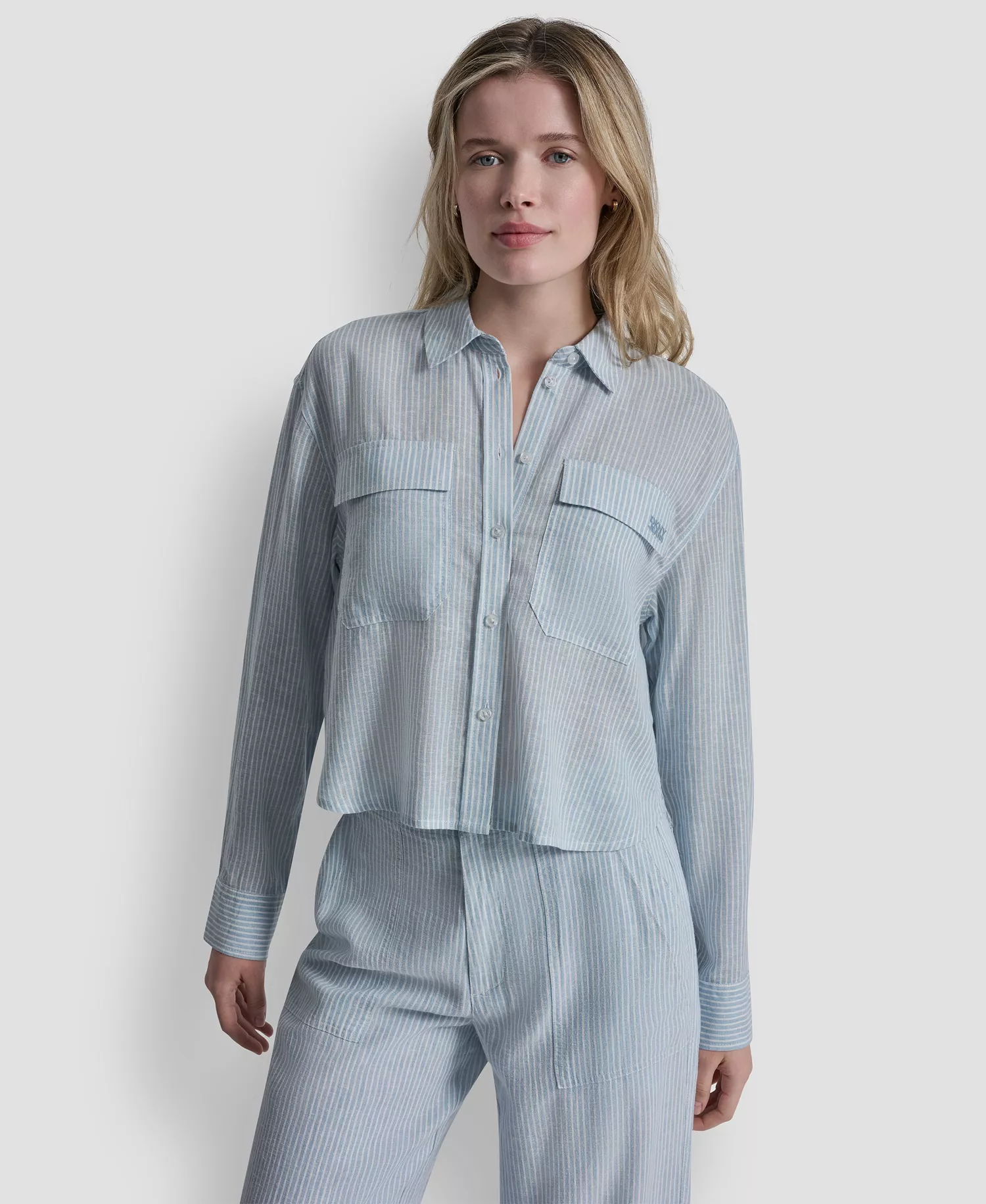 Women's Linen-Blend Cropped Long-Sleeve Shirt - Lex Chambray - L