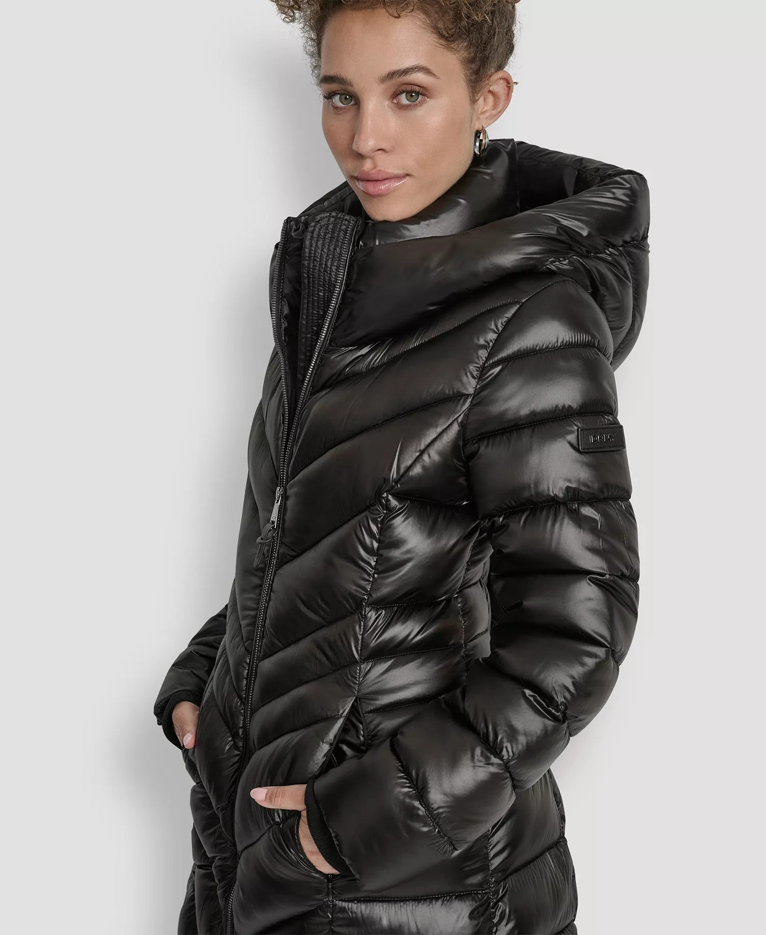 Women's Full-Zip Front Quilted Puffer Coat - Black - L