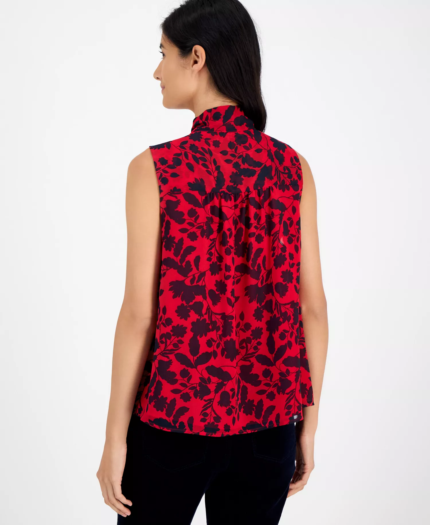 Women's Floral-Print Pleated Top - Scarlet/ Sky Captain - S