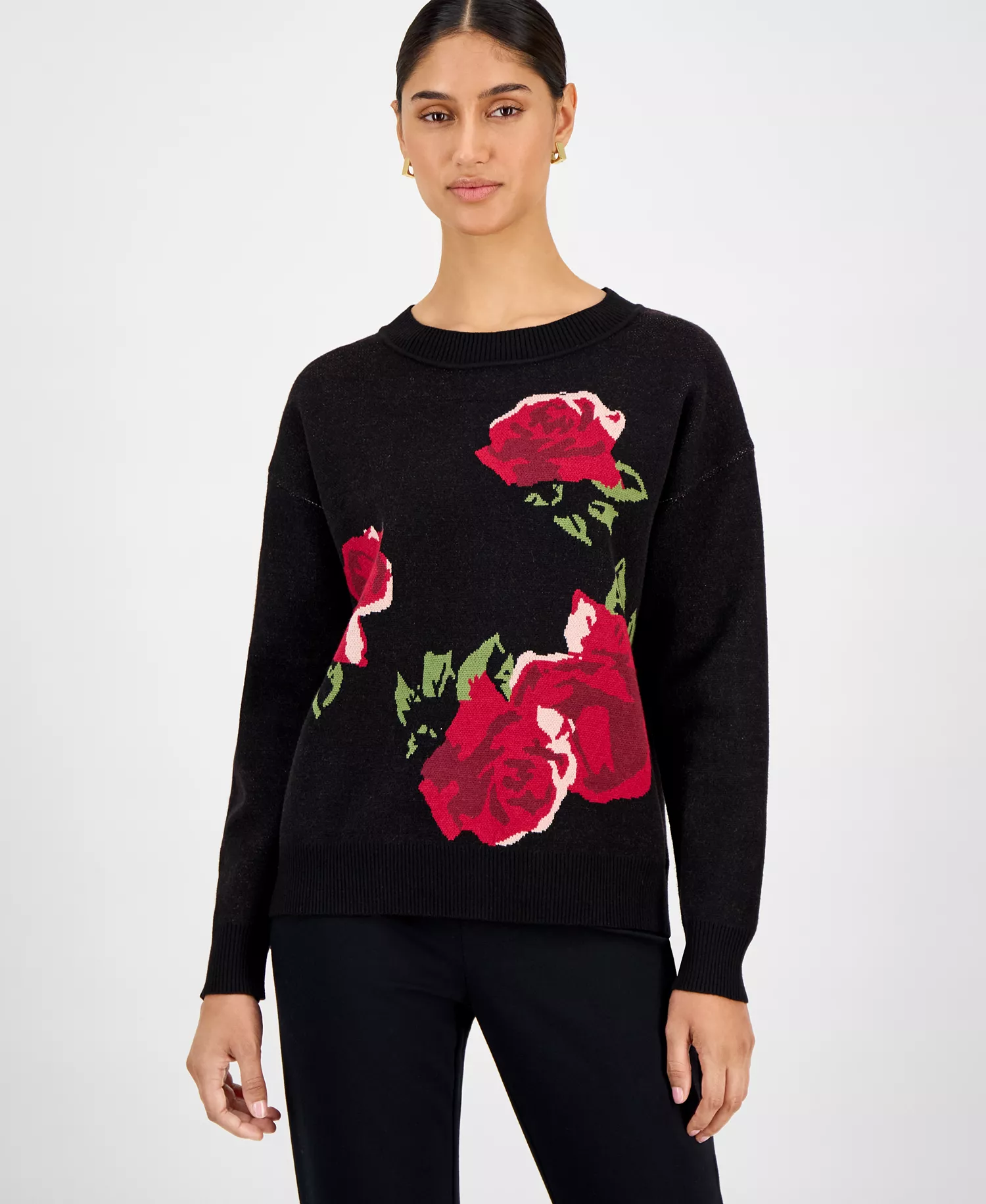 Women's Rose-Print Crewneck Sweater - Black W Rose - M