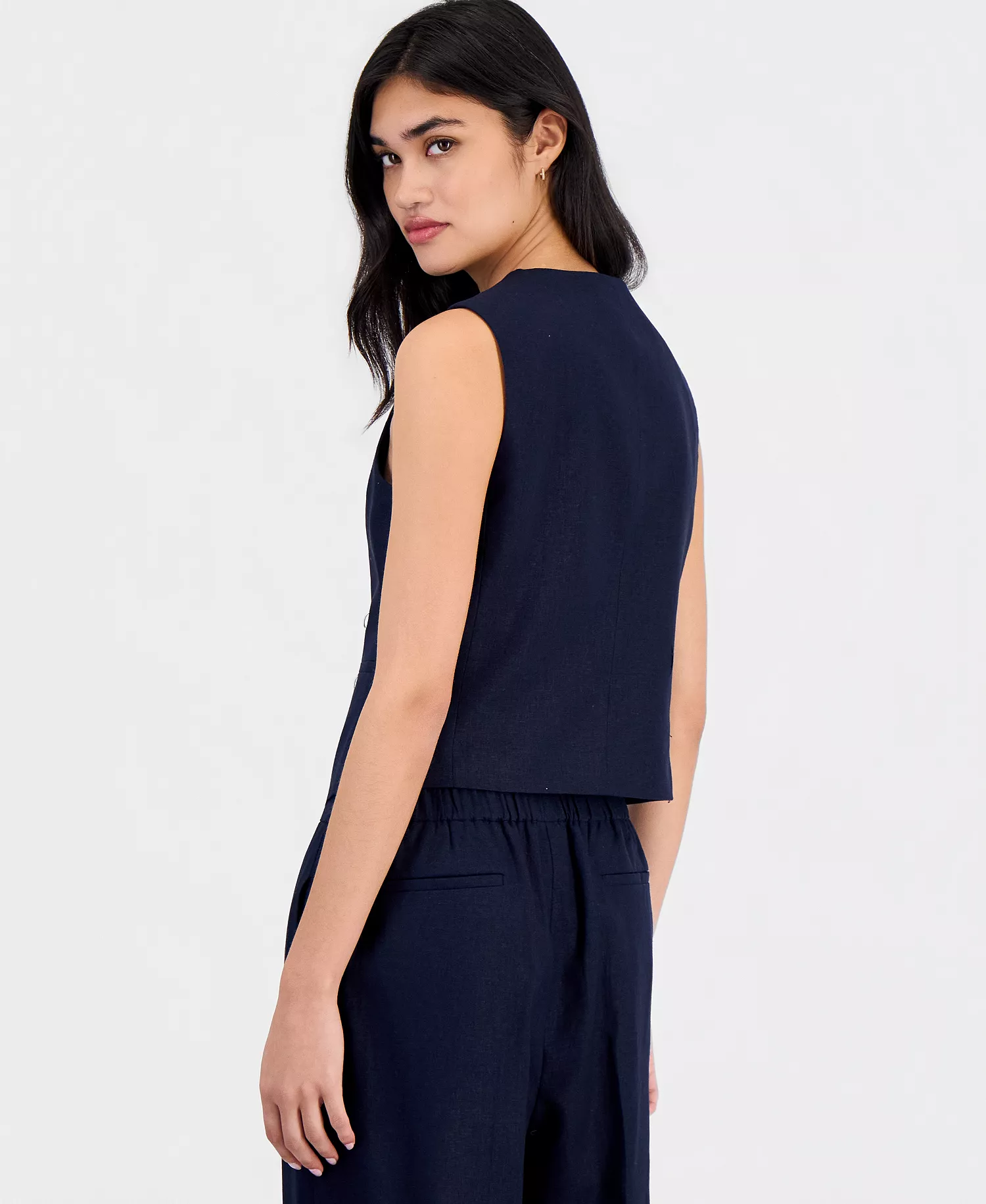 Women's Linen-Blend Button-Front Vest, Macy's Exclusive - Bar Navy - 2XL