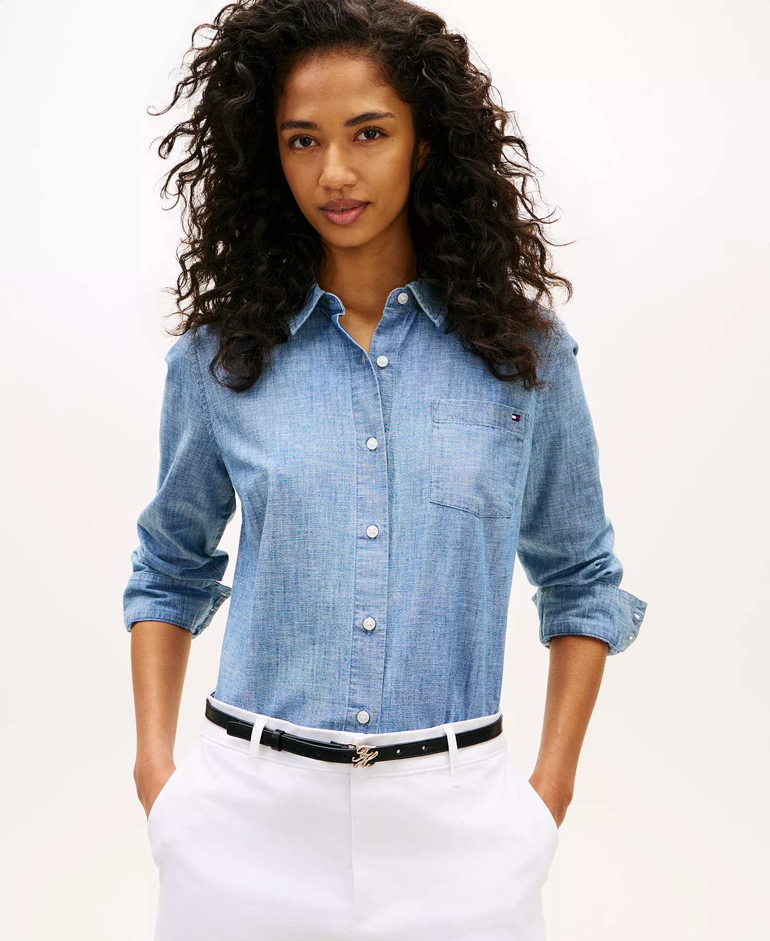 Women's Chambray Roll-Tab Long-Sleeve Shirt - Mid Blue - L