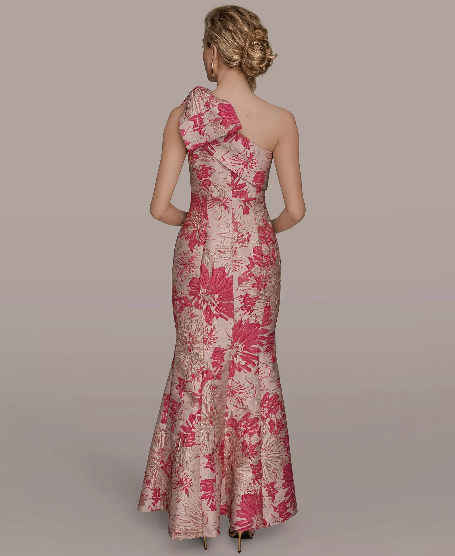 Women's Jacquard Bow-Trim One-Shoulder Gown - FUCHSIA MULTI - 10