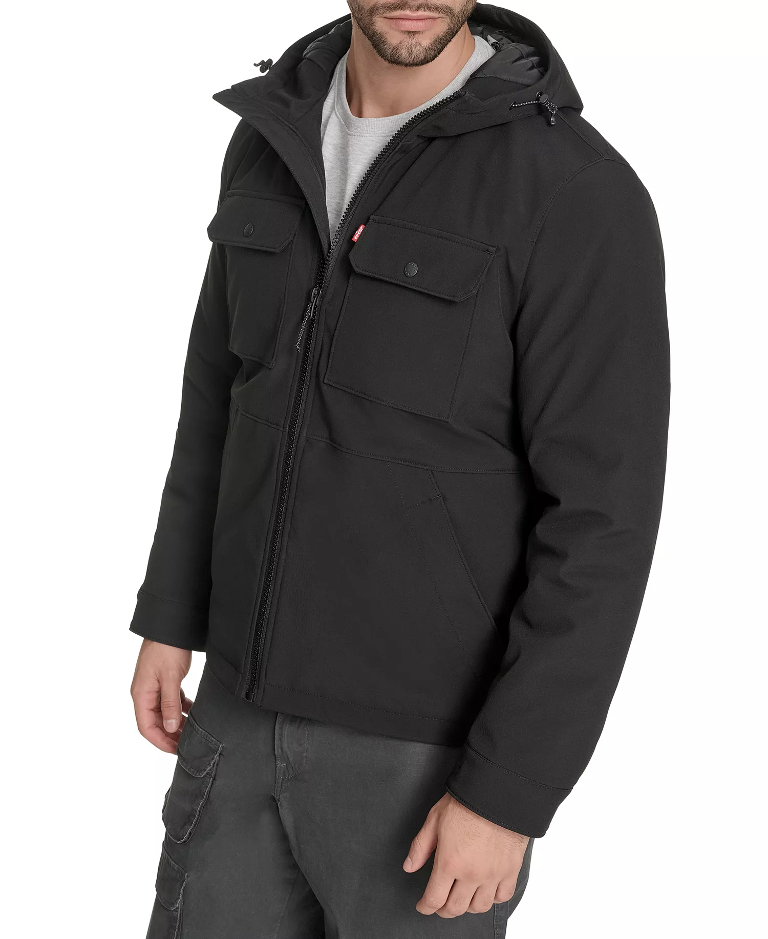 Men's Rib Stop Softshell with Hood Jacket  - Black - 2XL