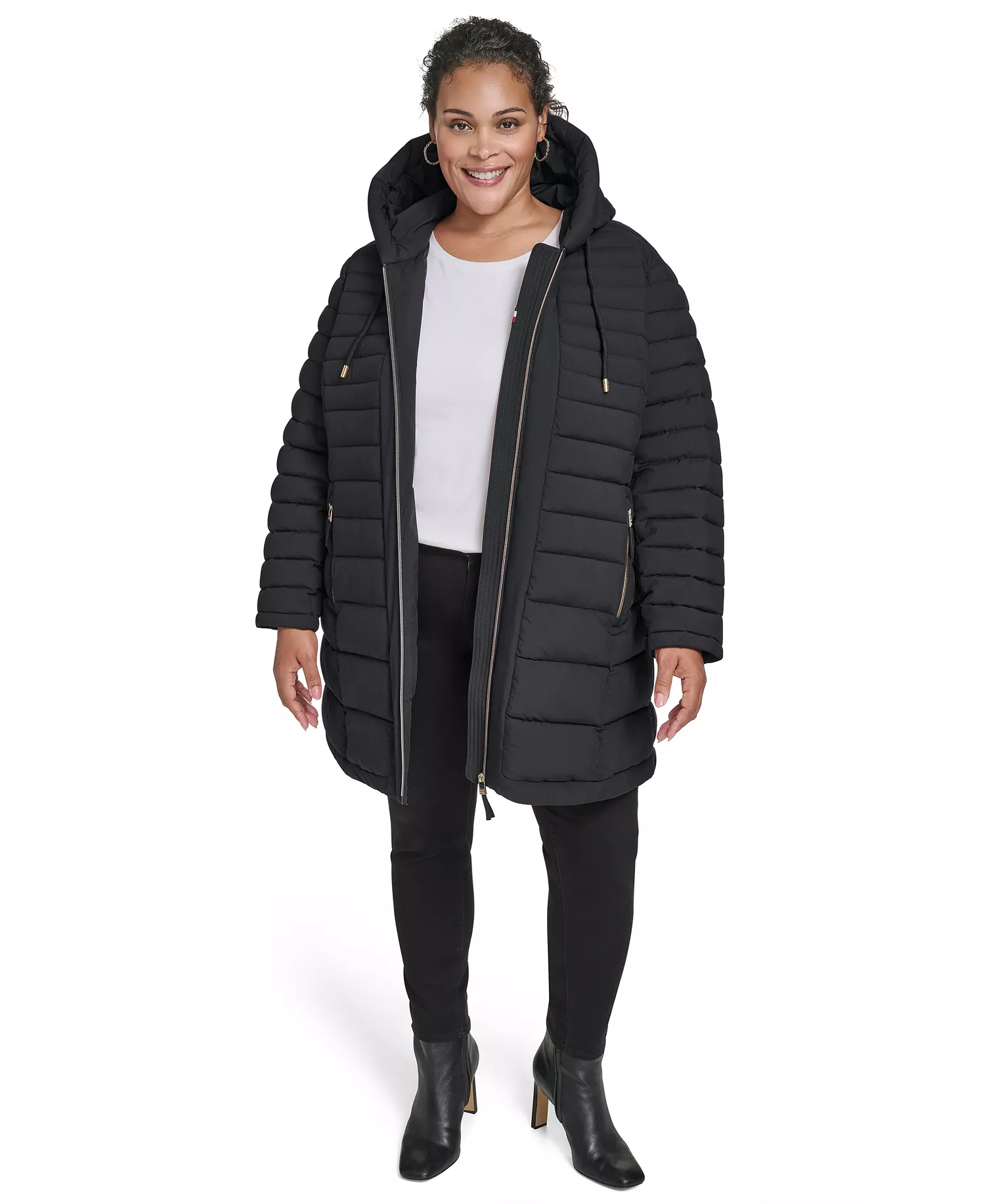 Plus Size Hooded Packable Puffer Coat - Black - 0X