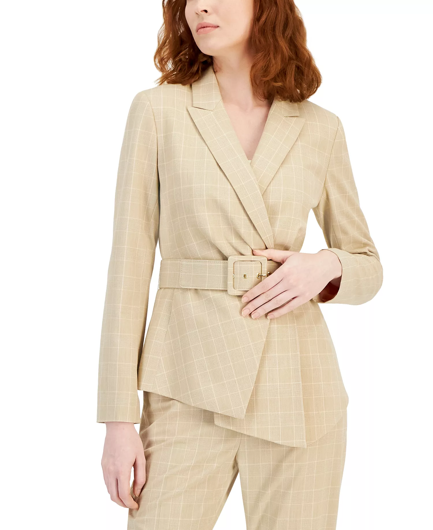Women's Asymmetrical-Hem Windowpane Belted Blazer - Sand/salmon - 12