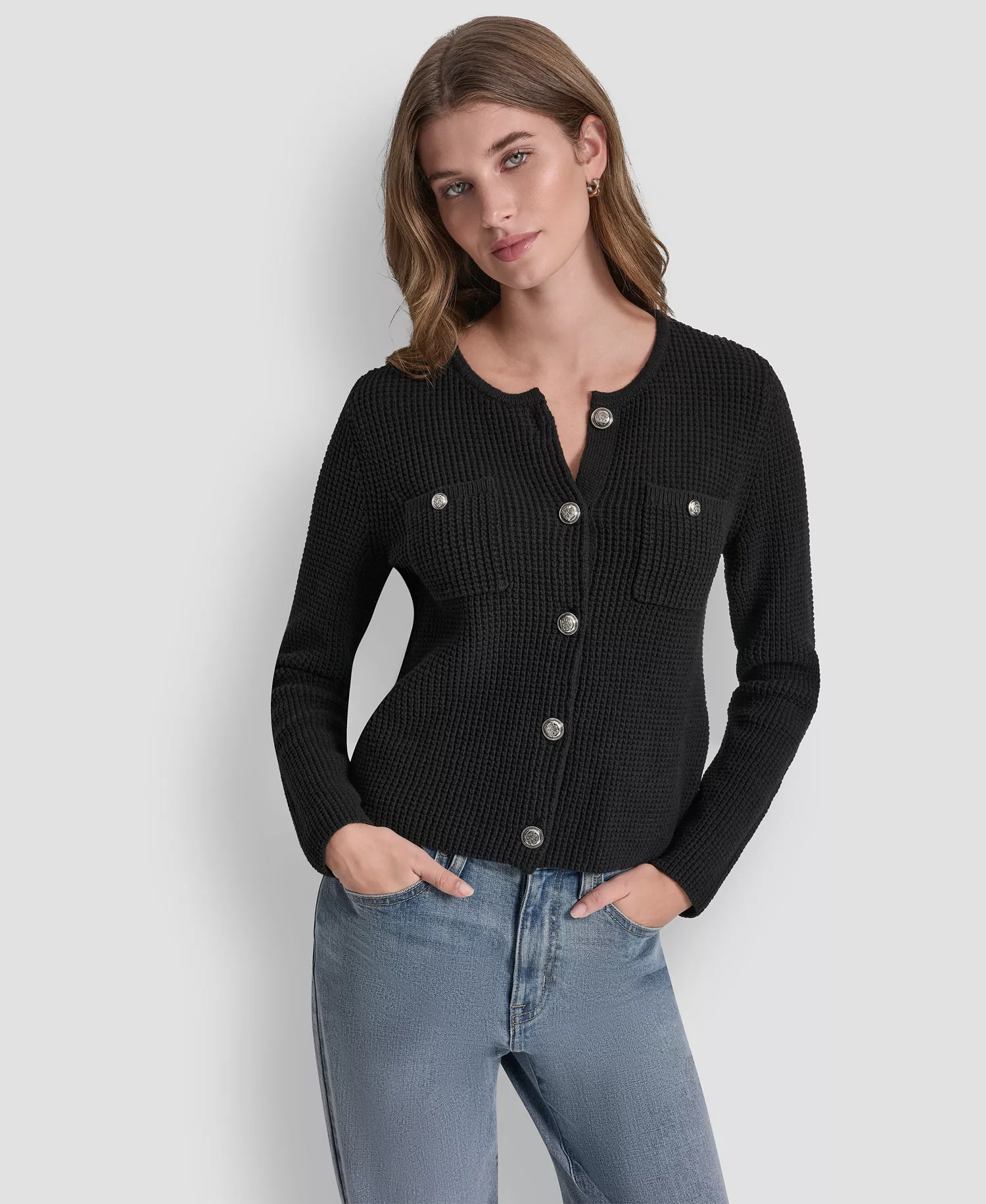 Petite Tuck Stitch Long-Sleeve Cardigan - Black - PL