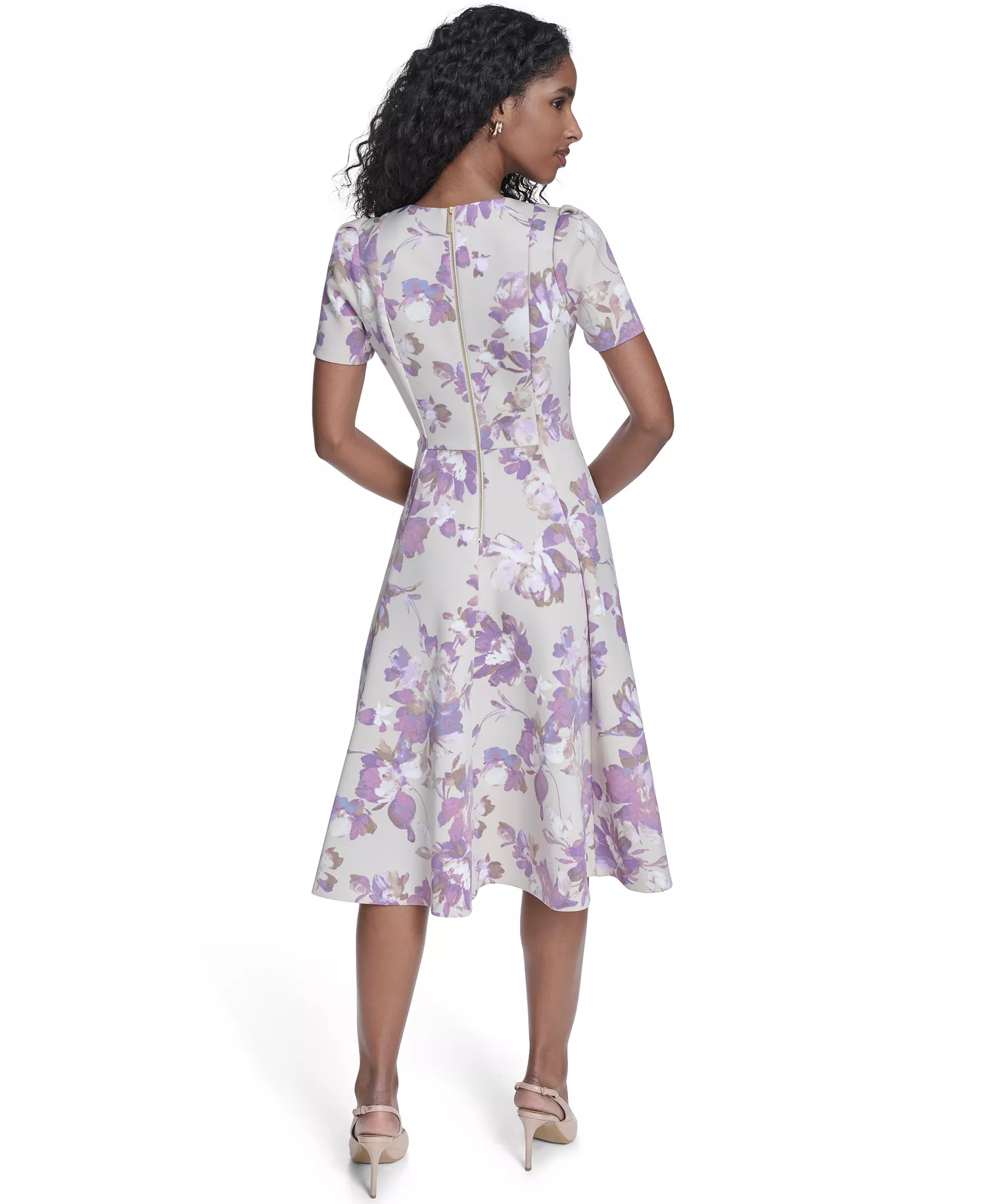 Women's Short-Sleeve Scuba Midi Dress - Khaki/Regal Multi - 10