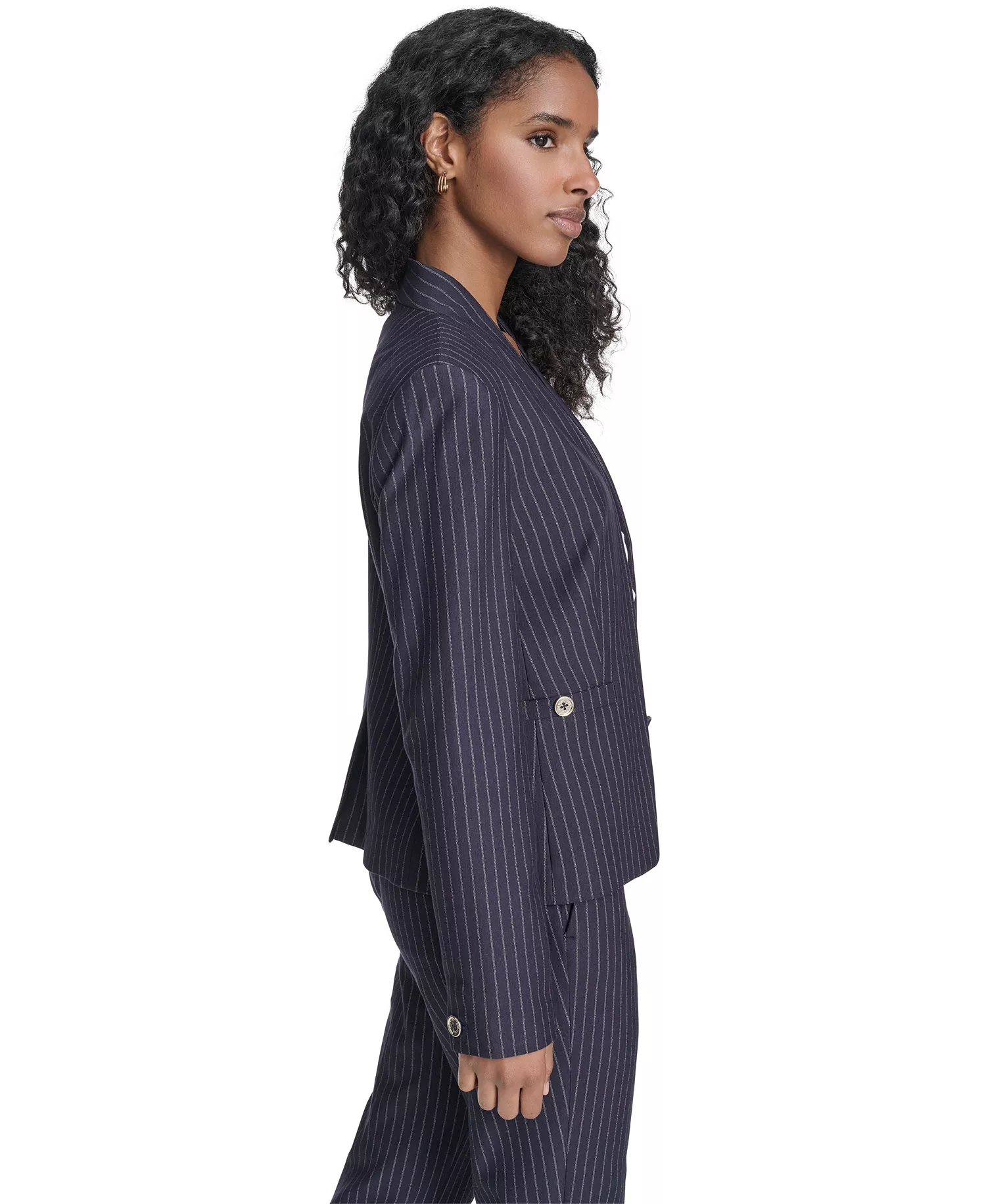 Women's Open Front Jacket, Sutton Pants and Contrast Trim Button Up Blouse - Midnight/ Khaki - 0