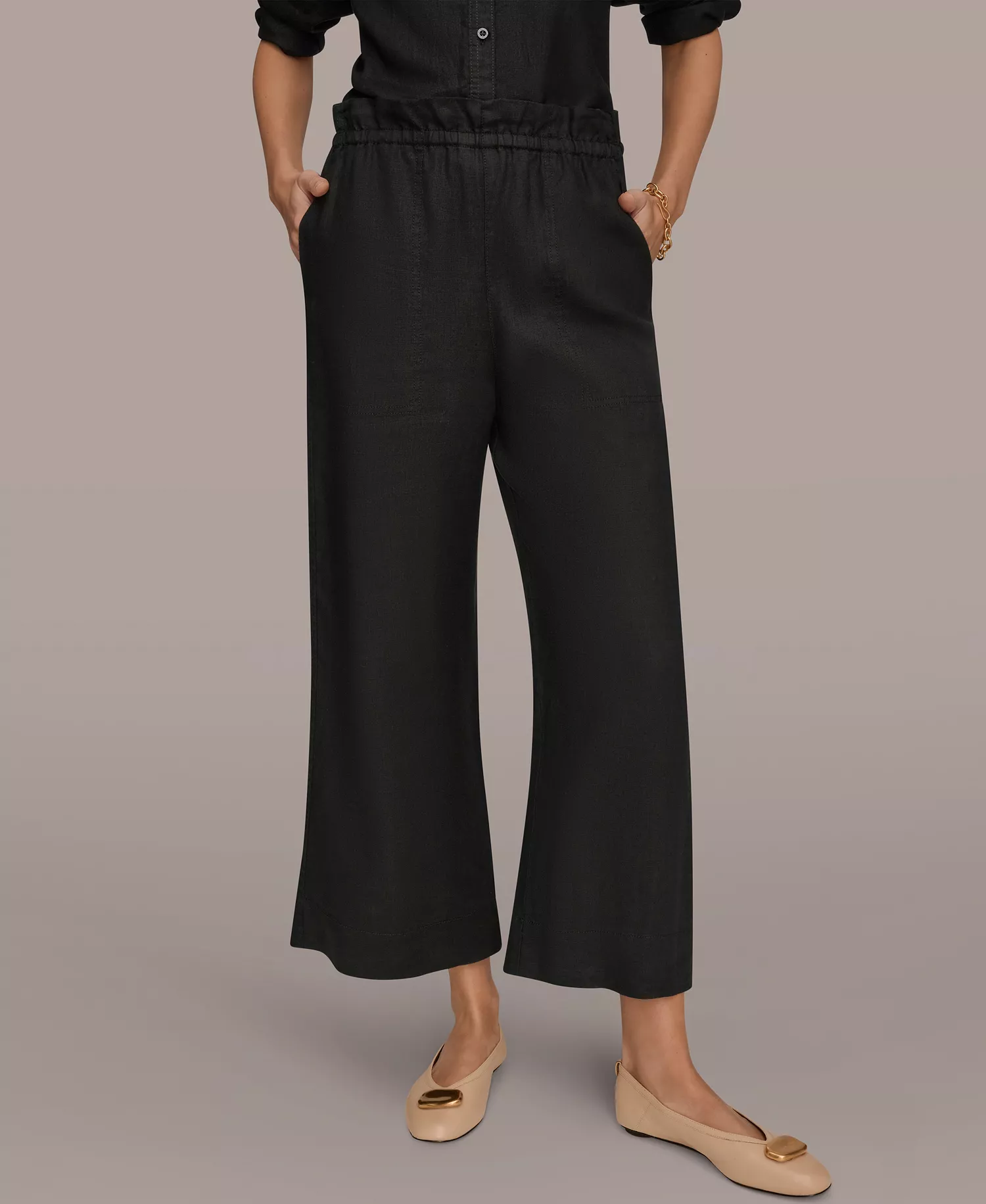 Women's Linen High-Rise Paper Bag Waist Pants - Black - L