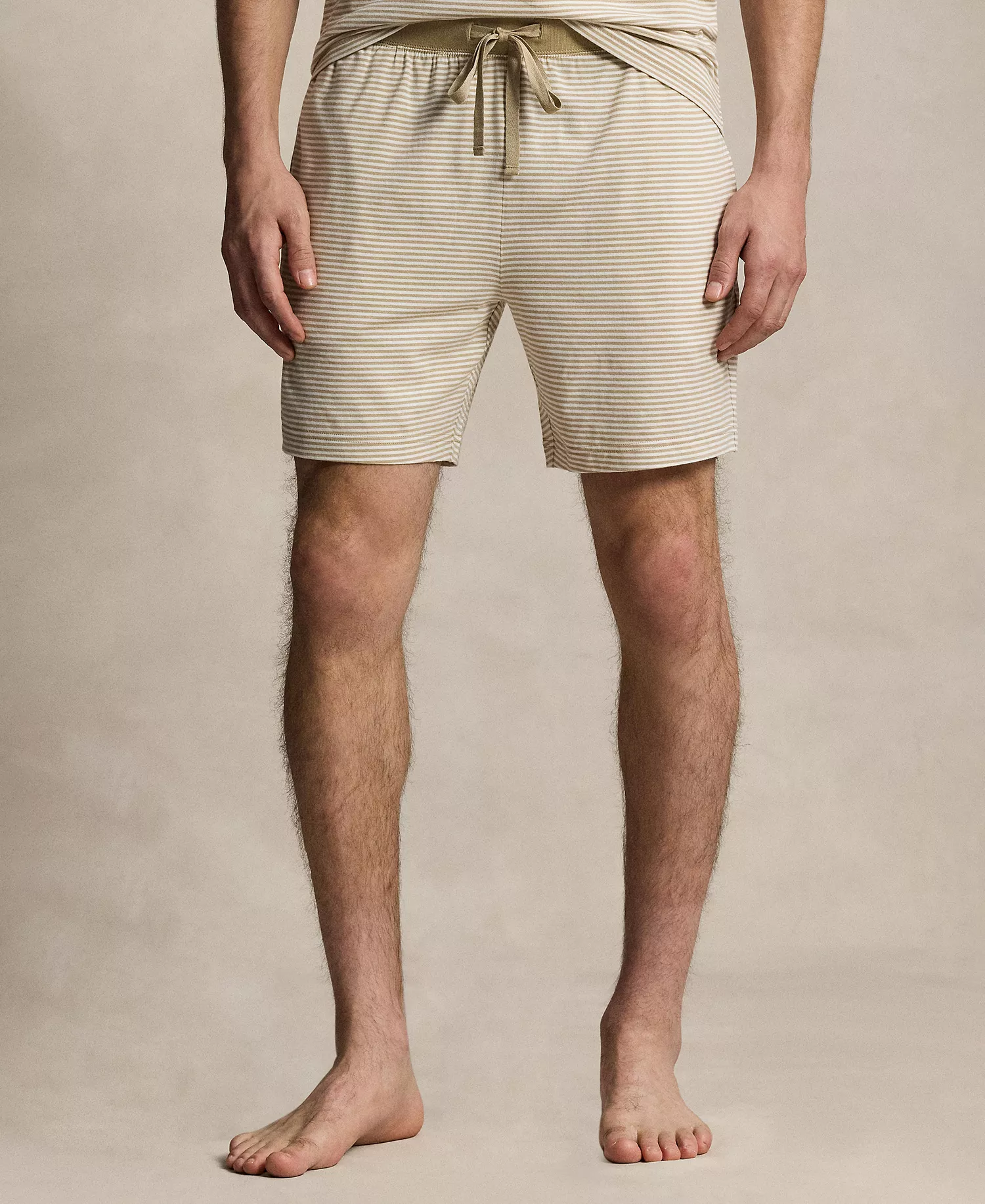 Men's Ribbed Drawstring Pajama Shorts - Classic Khaki/White Tick Stripe/Cruise Navy Polo Player - L