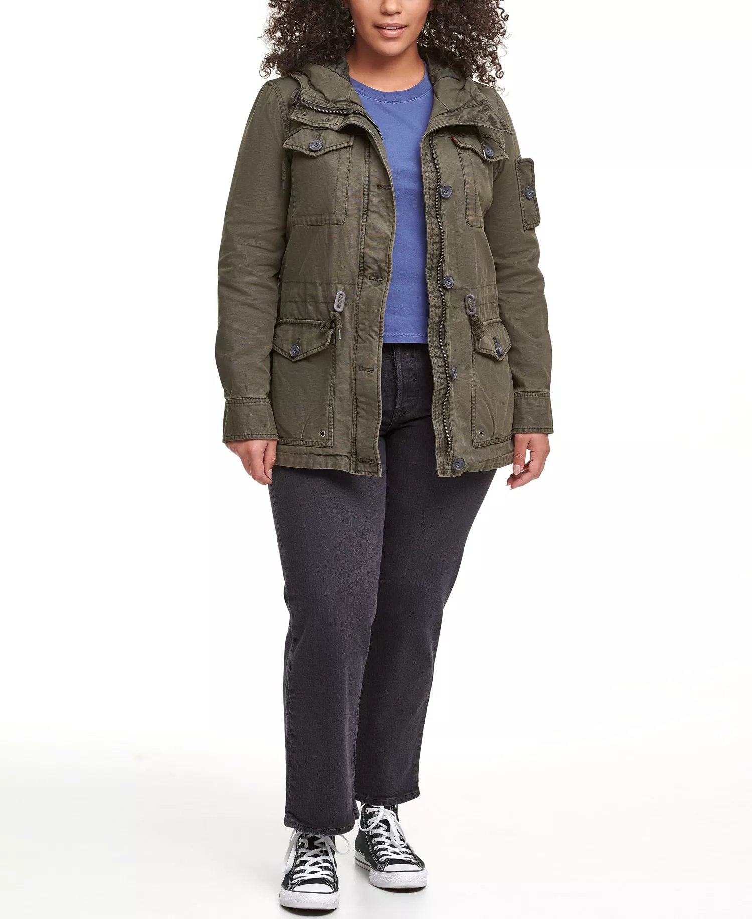 Trendy Plus Size  Cotton Hood Utility Jacket - Army Green - 1X