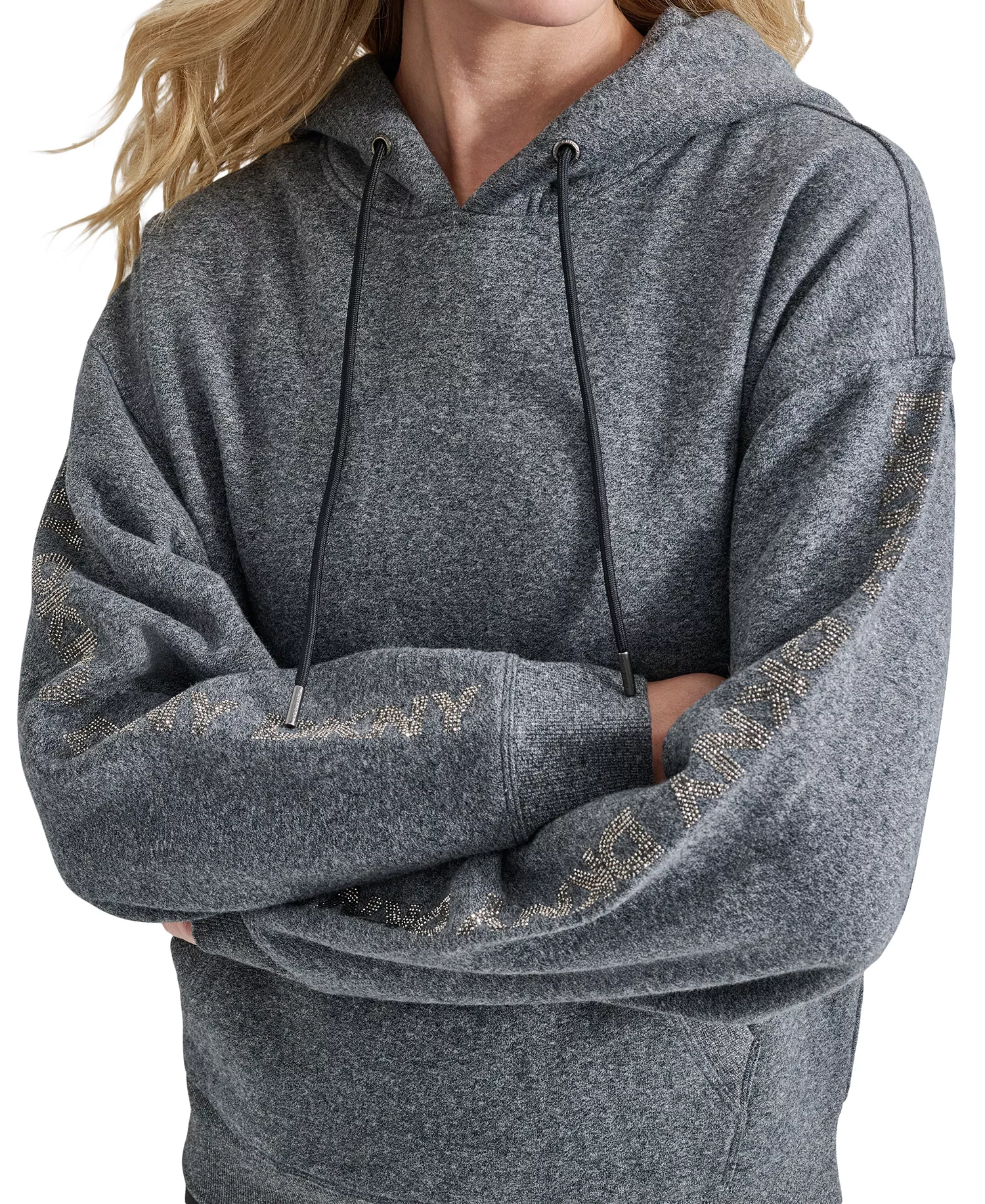 Women's Rhinestone Logo Fleece Hoodie - Black Heather - L