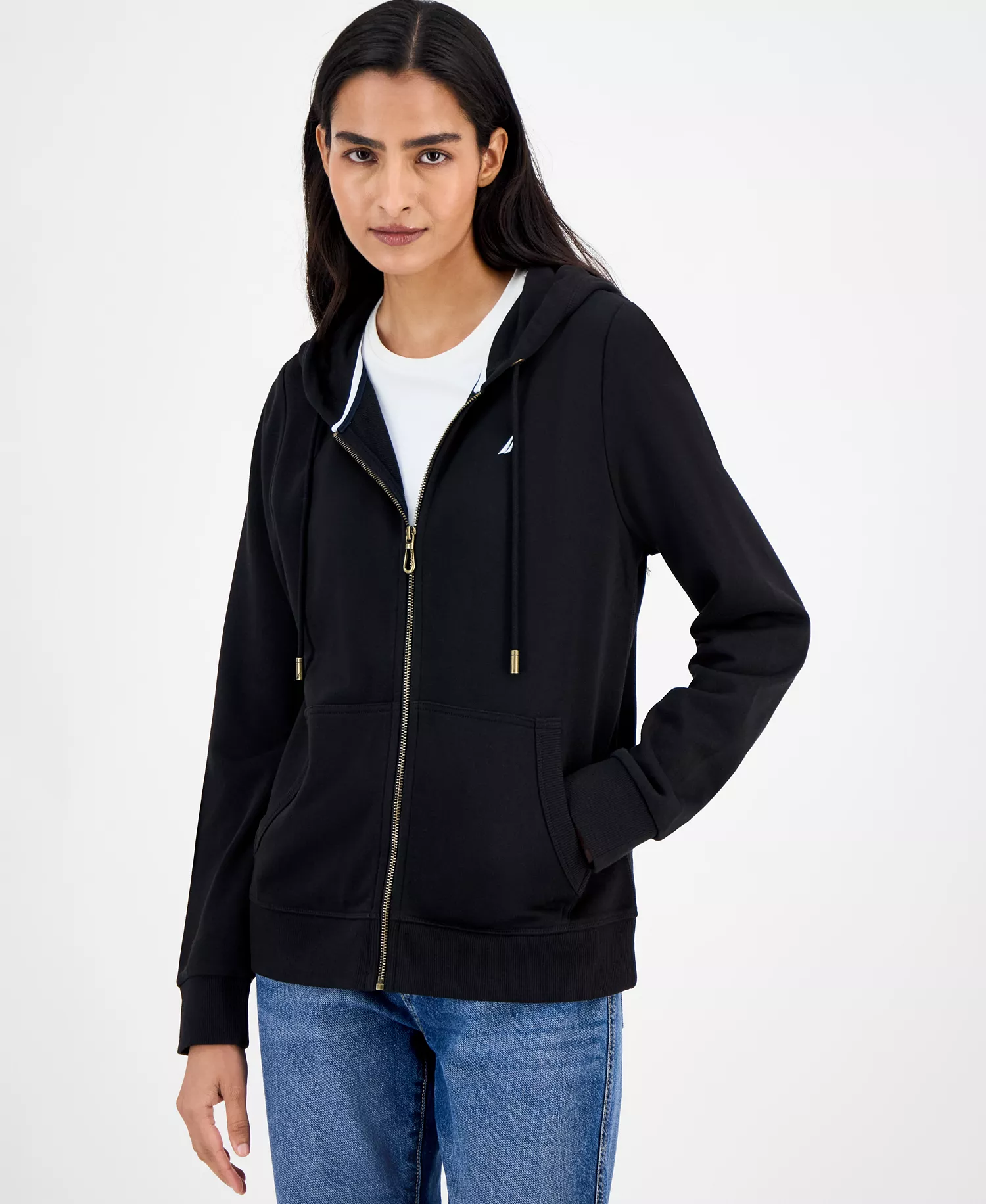 Jeans Women's Solid Zip-Front Hoodie, Online Only - Black - L