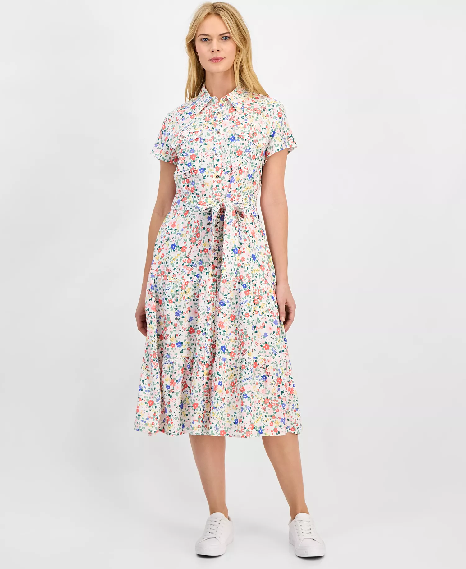 Women's Belagio Floral Belted Shirt Dress - Ivory Multi - L