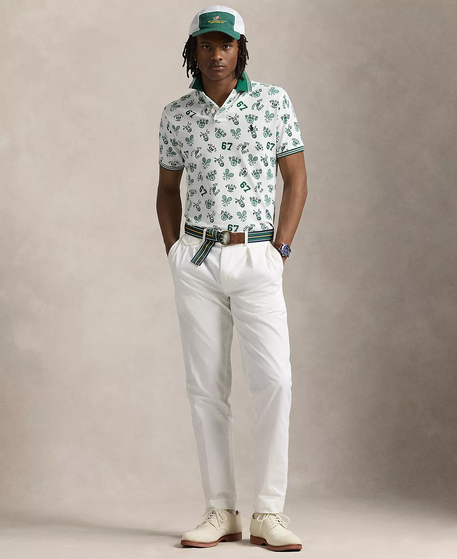 Men's Classic-Fit Print Mesh Polo Shirt - White - L