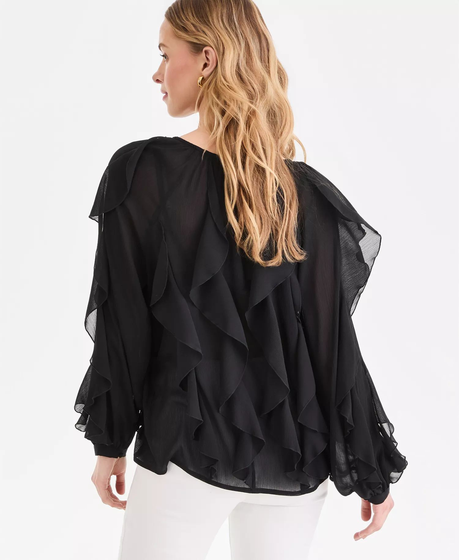 Women's Long-Sleeve Ruffled Blouse, Macy's Exclusive - Deep Black - L
