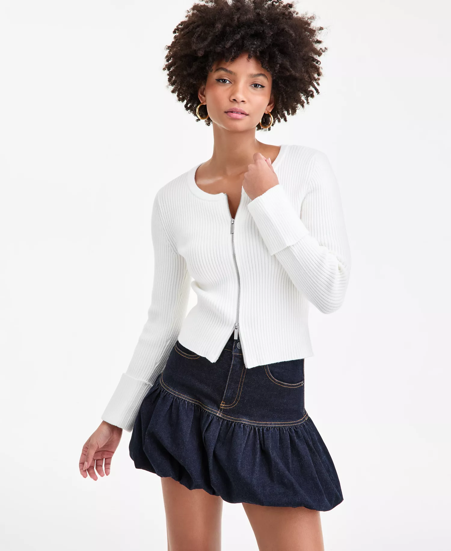 Women's Zip-Front Ribbed-Knit Sweater, Macy's Exclusive - Crema - L