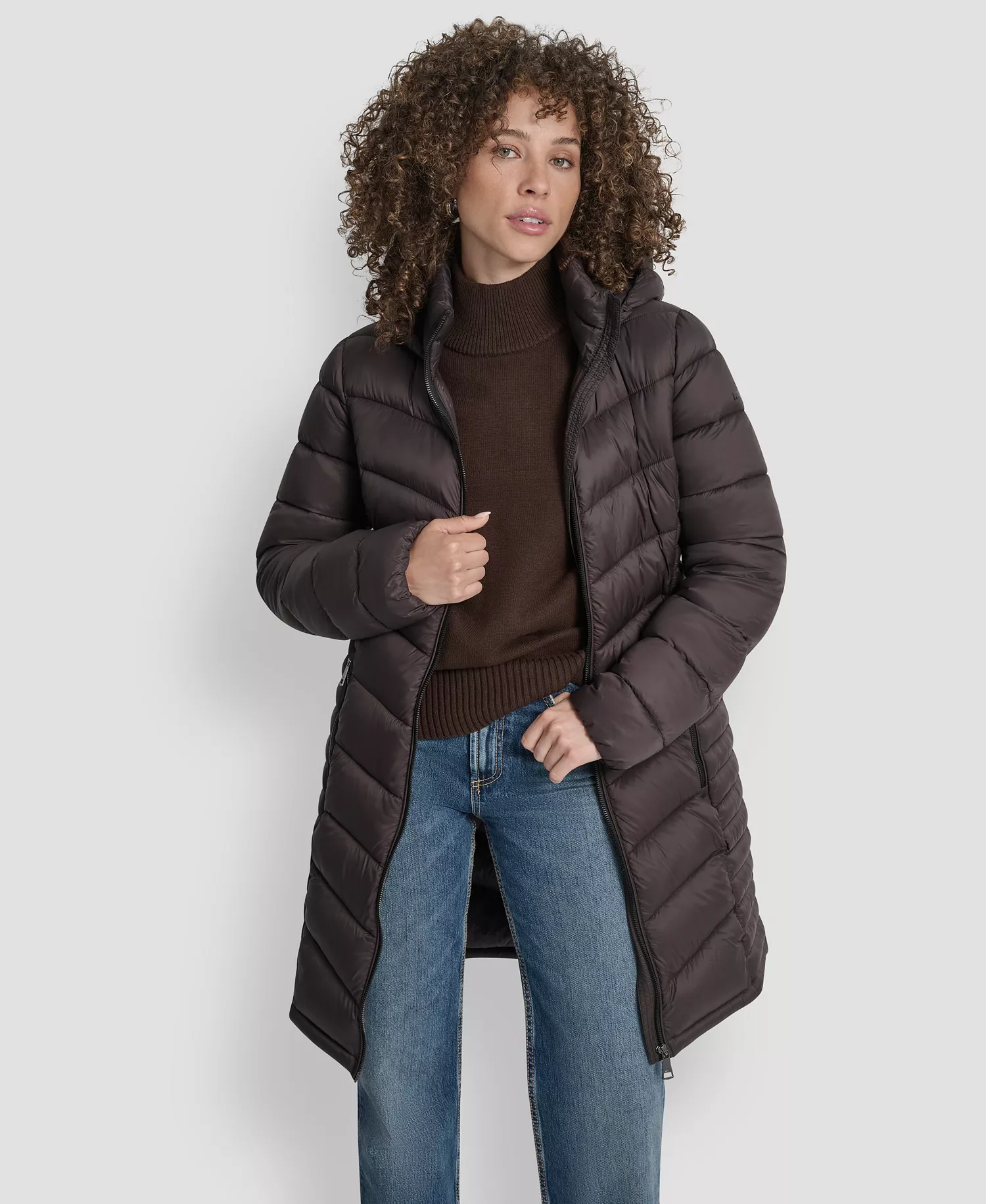 Women's Zip-Front Long Coat - Bitter - L