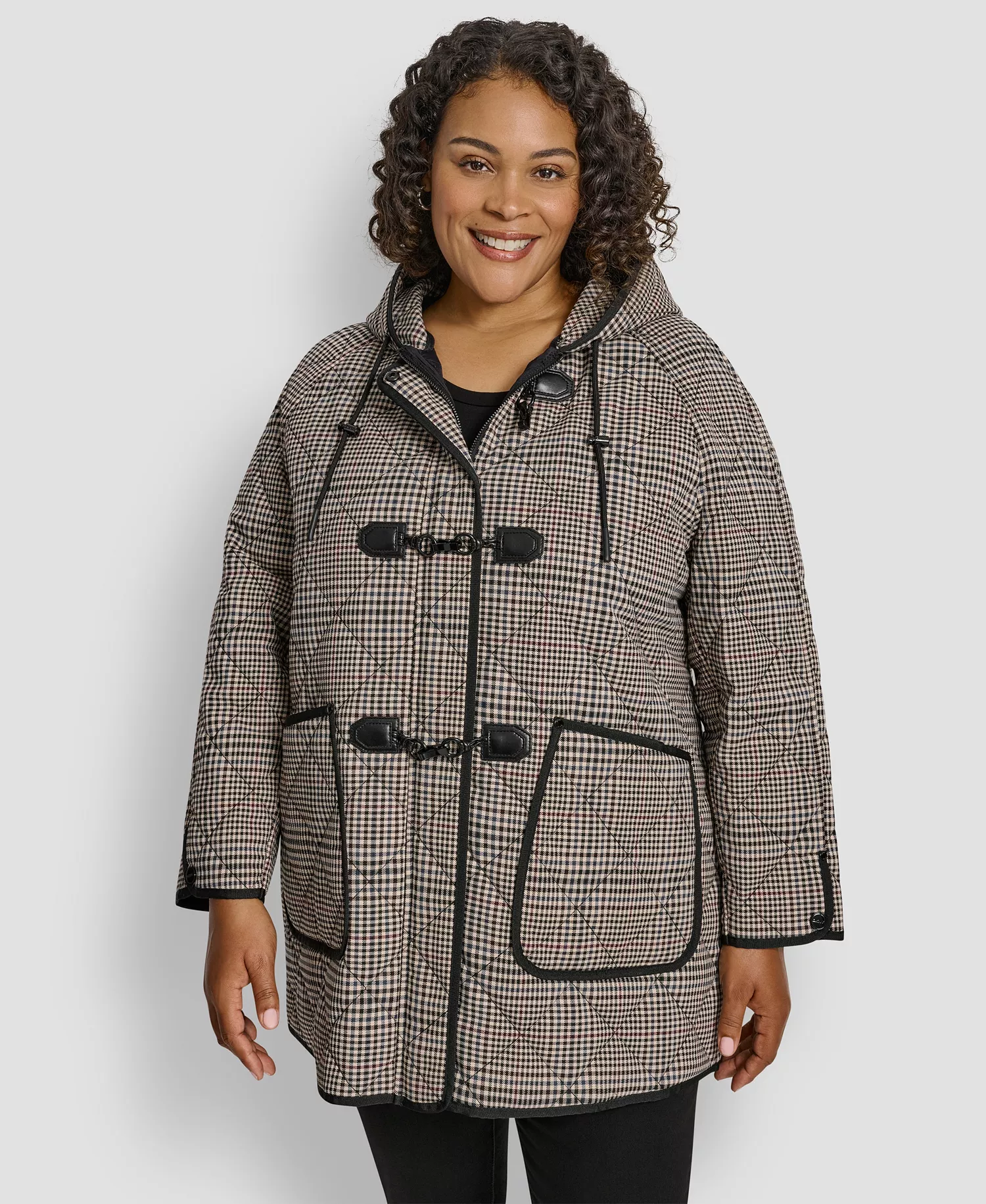 Plus Size Hooded Toggle-Front Quilted Coat - Plaid - 1X