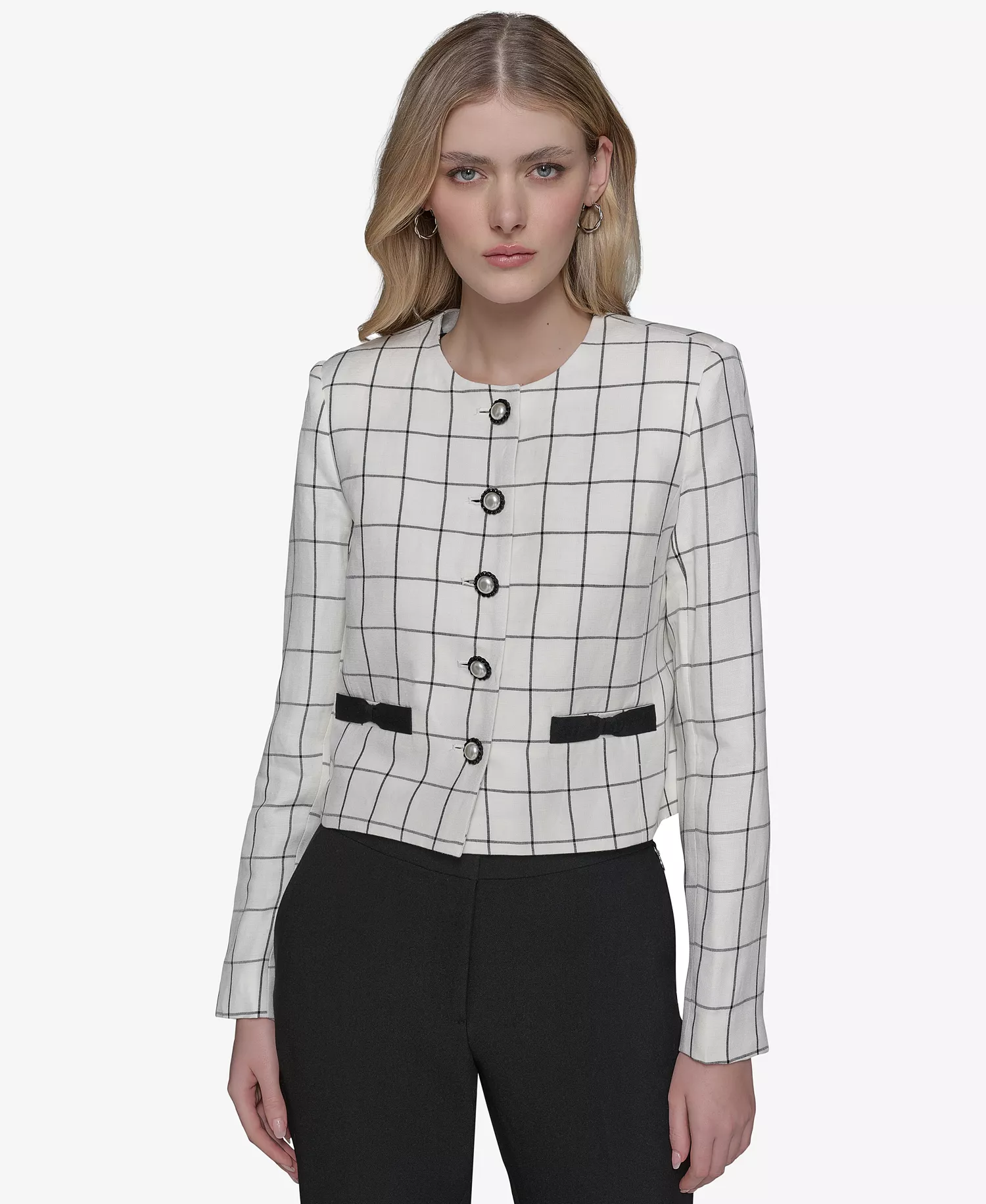 Women's Linen-Blend Windowpane-Print Jacket - Soft White/ Black - 0