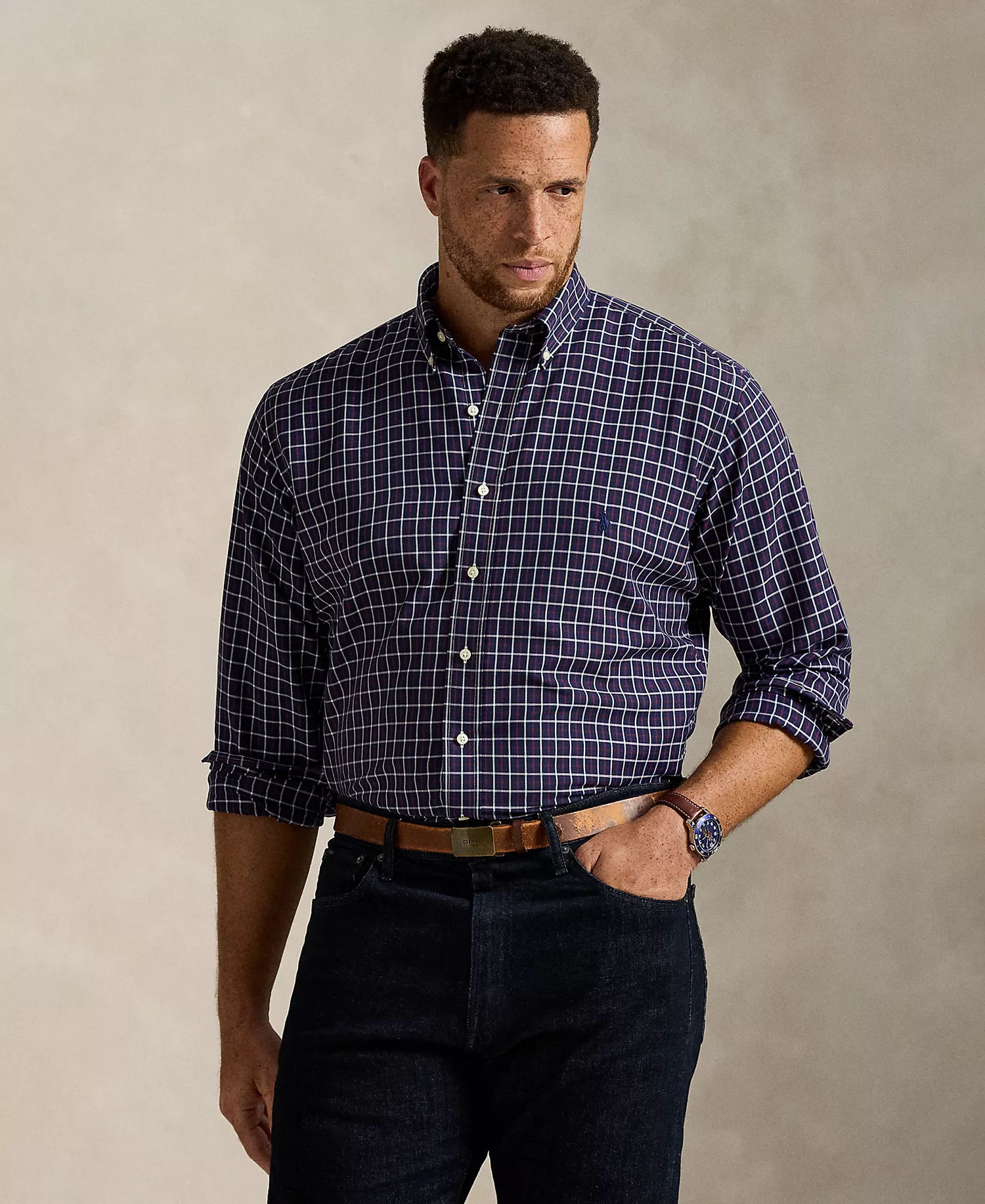 Men's B&T Long Sleeve Performance Oxford Shirt - Navy Wine Multi - 2LT