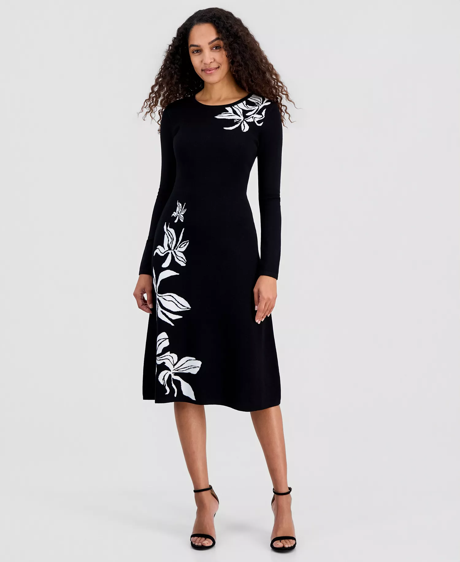Women's Jacquard Florals Fit & Flare Sweaterdress - Black / White - L