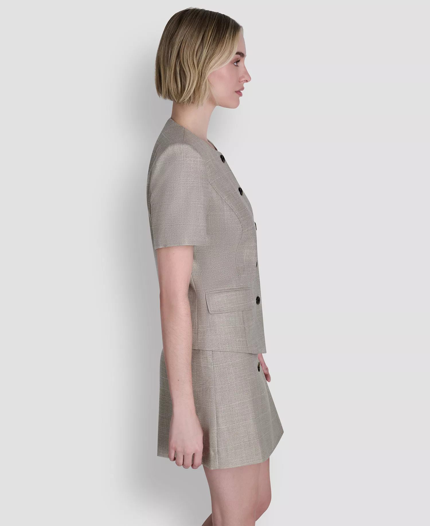 Women's Windowpane Short-Sleeve Crew Neck Structured Top - Pebble / White Combo - 0