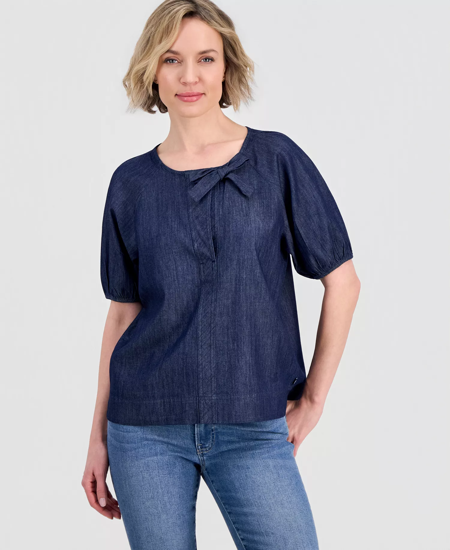 Jeans Women's Chambray Side Bow Blouse - Dark Azure - L