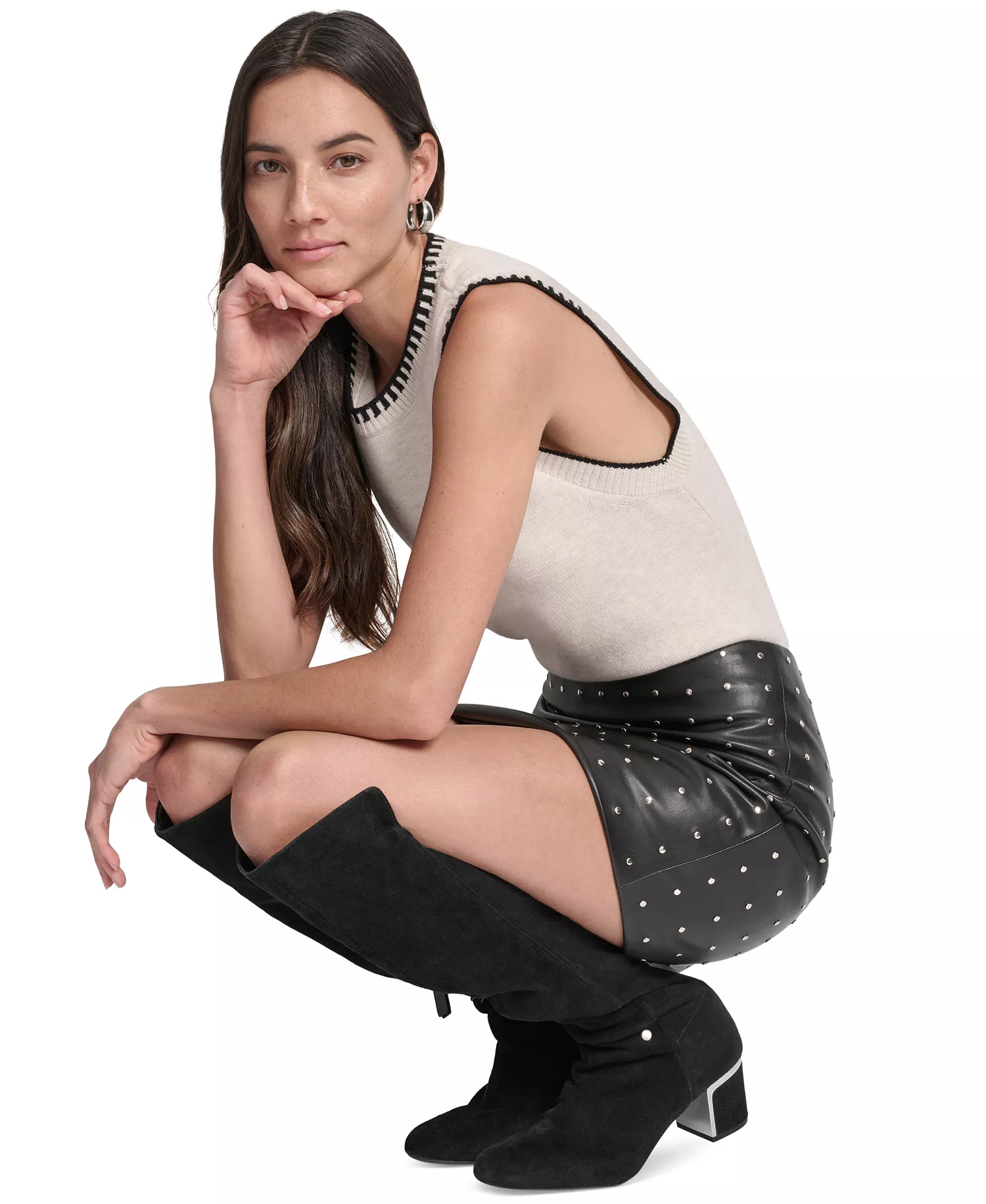 Women's Embellished Faux Leather Mini Skirt - Black - 16