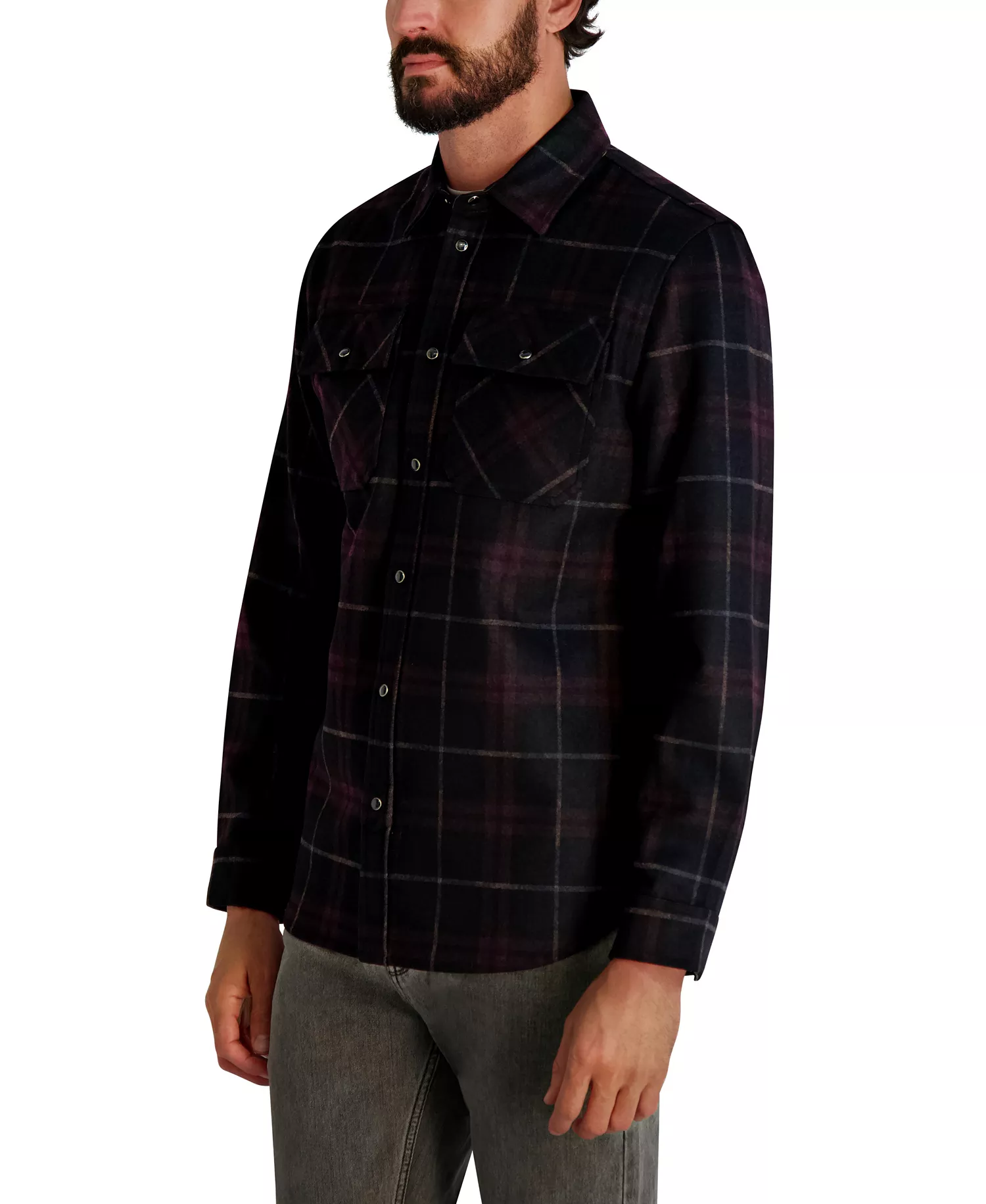 Men's Plaid Pattern Shirt Jacket - Wine - M
