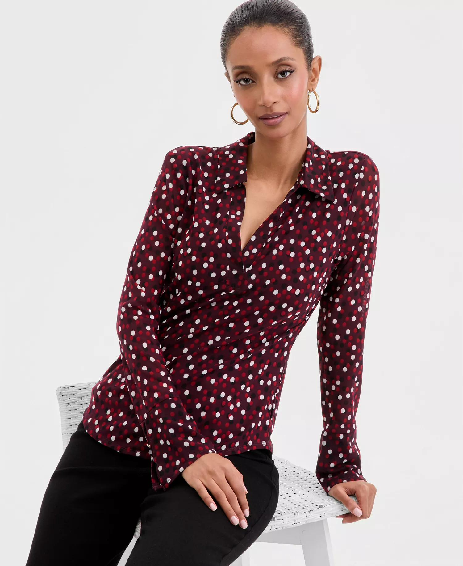 Women's Long-Sleeve Printed Mesh Collared Top, Macy's Exclusive - Ari Dots - L