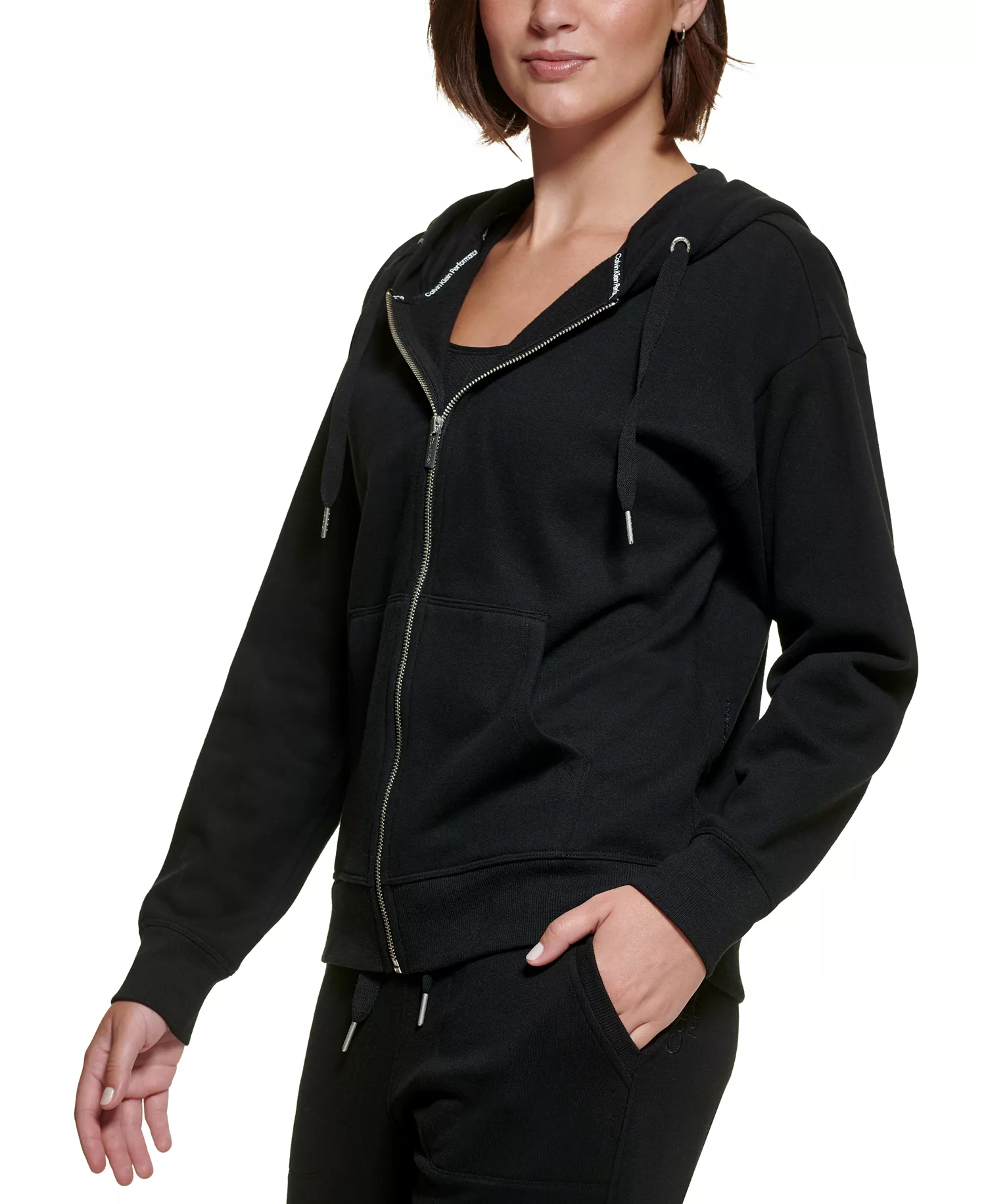 Women's Fleece Long-Sleeve Zip-Front Hoodie - Black - L