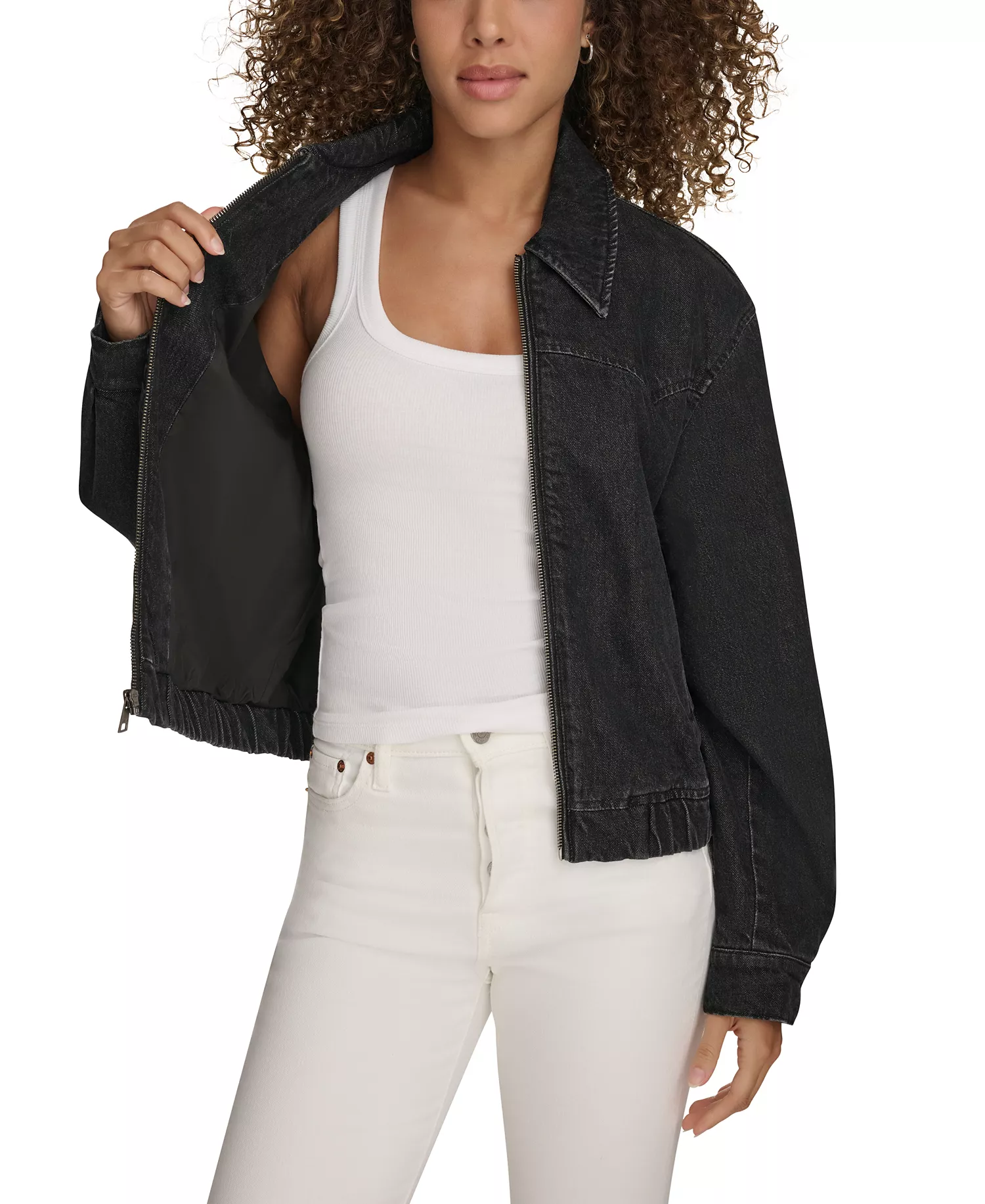 Women's Western Zip-Front Denim Bomber Jacket - Black Wash Denim - L