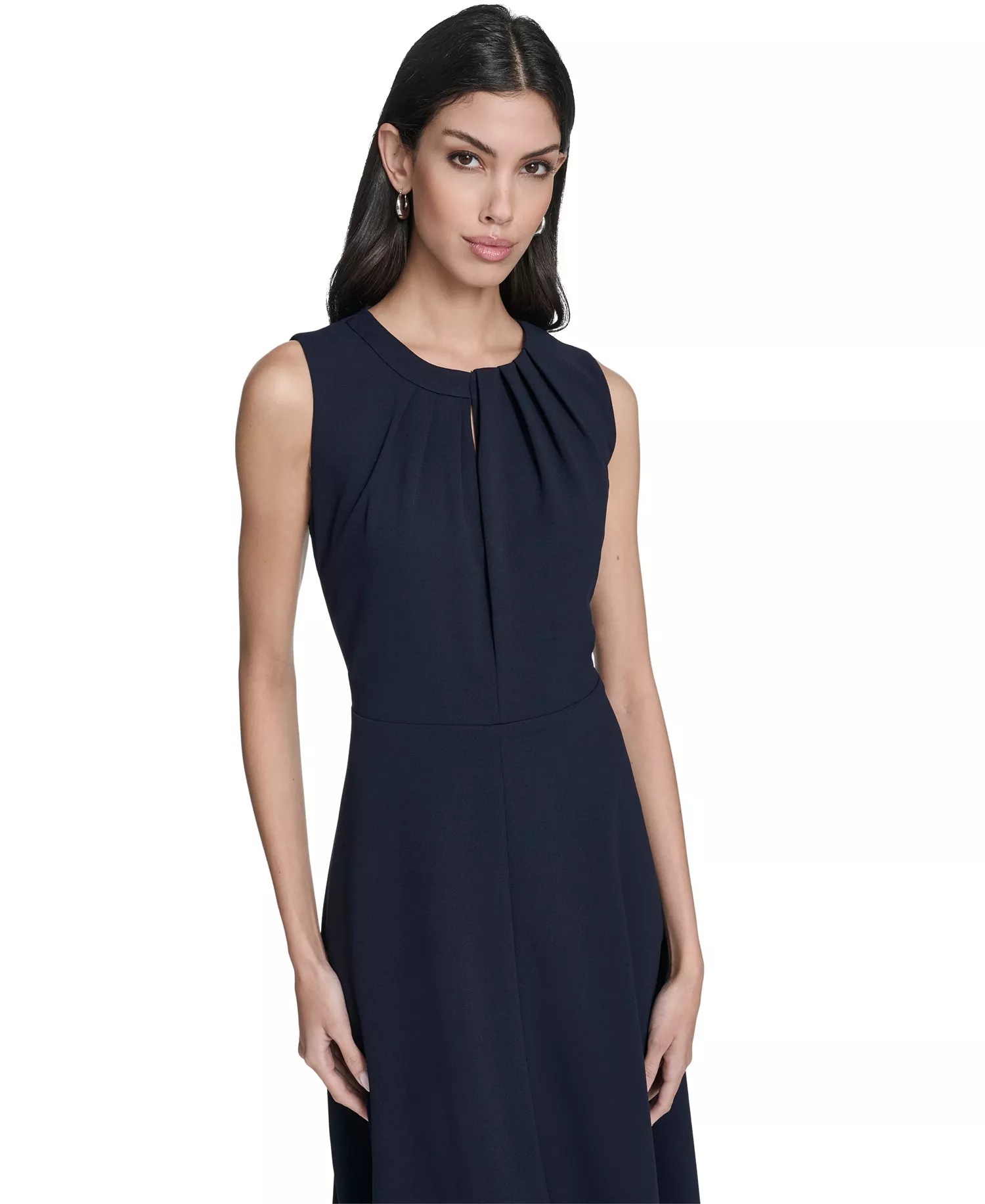 Women's Pleat Detail Crew Neck Midi Dress - Indigo - 10