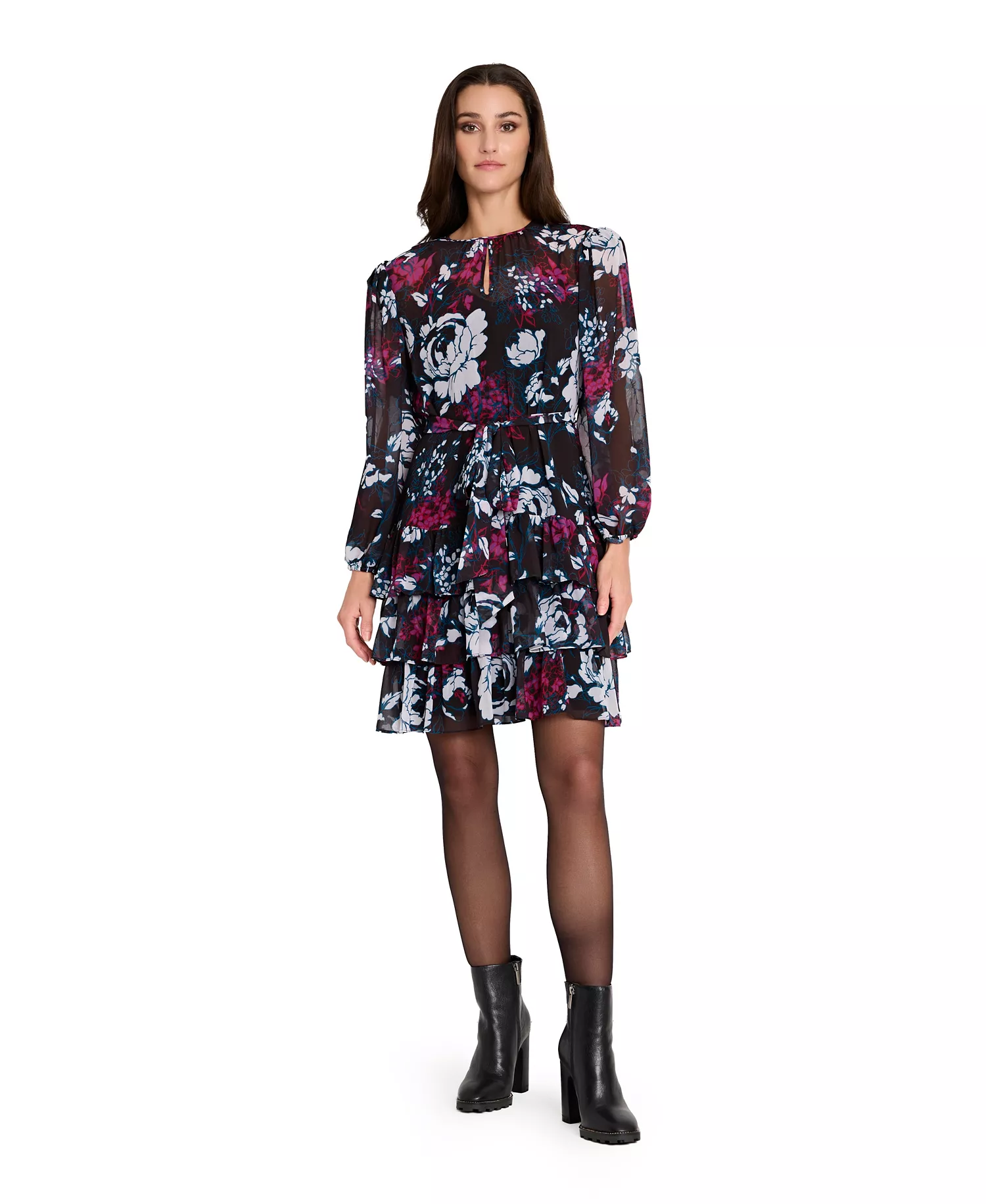 Women's Belted Boucle Long-Sleeve Dress - Black Multi - 10
